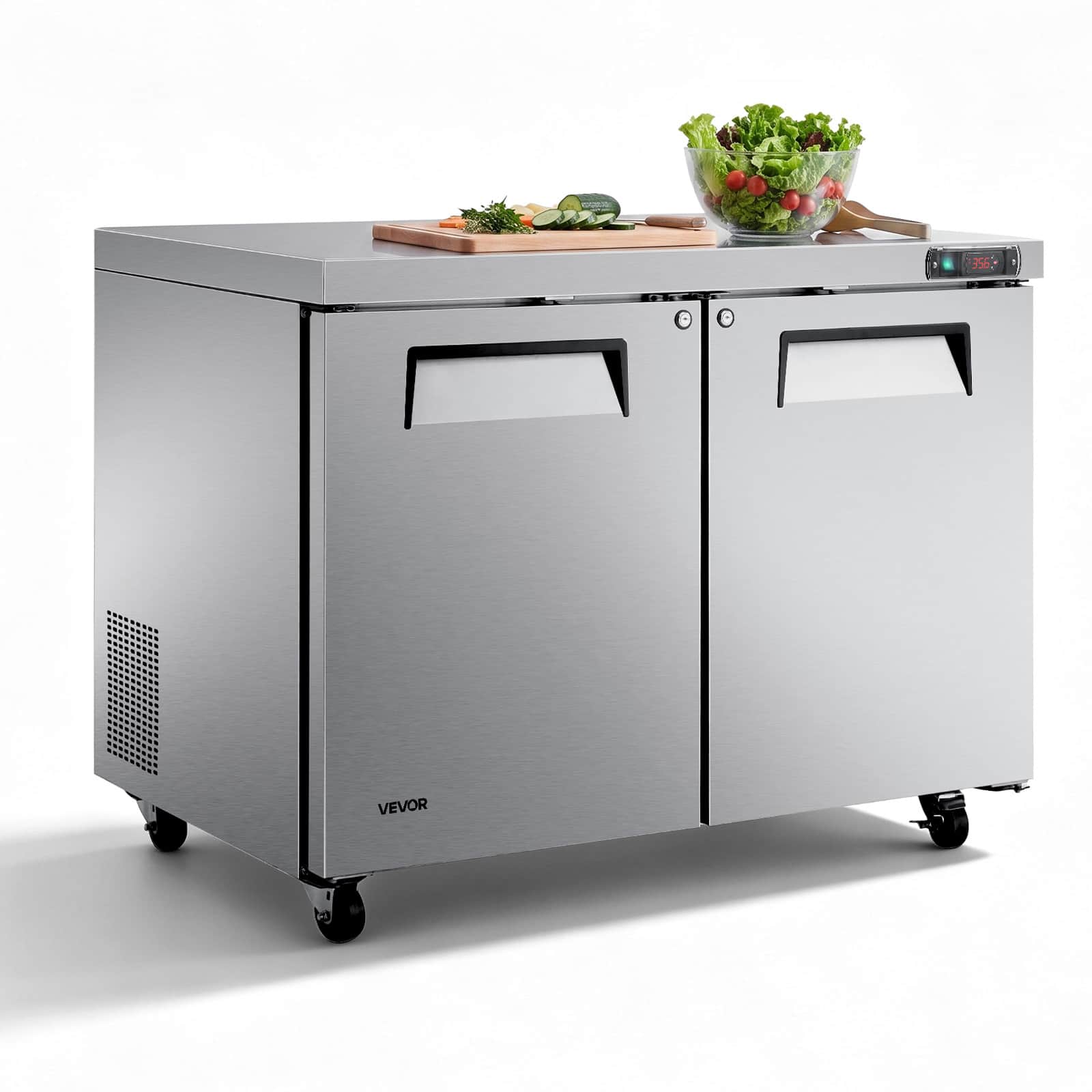 VEVOR - 48"W Commercial Refrigerator 14.1 Cu.Ft Undercounter Worktop Mobile, Double-Door Food Prep Fridge with Lock - Silver