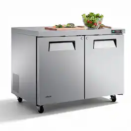VEVOR - 48"W Commercial Refrigerator 14.1 Cu.Ft Undercounter Worktop Mobile, Double-Door Food Prep Fridge with Lock - Silver