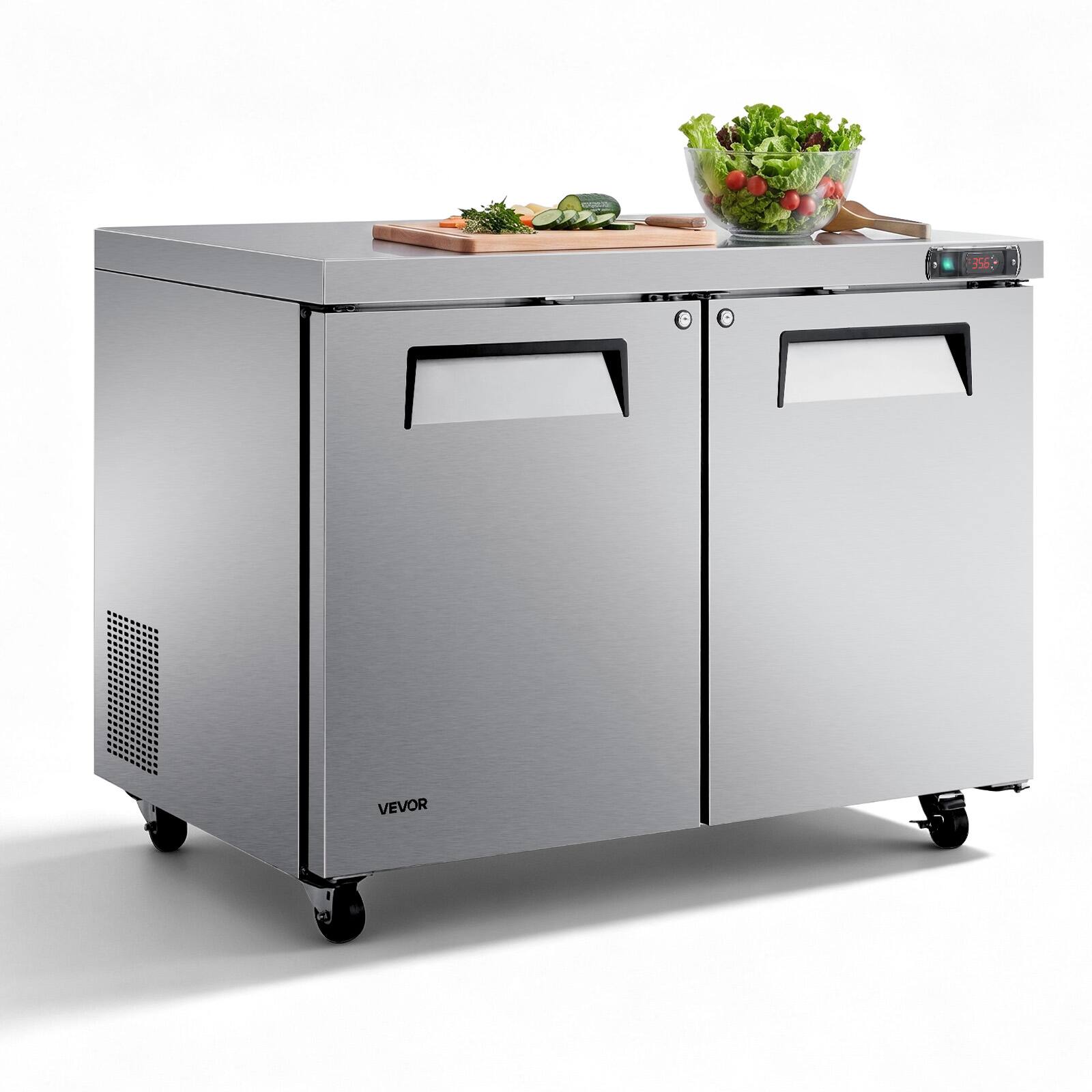 Front. VEVOR - 48"W Commercial Refrigerator 14.1 Cu.Ft Undercounter Worktop Mobile, Double-Door Food Prep Fridge with Lock - Silver.