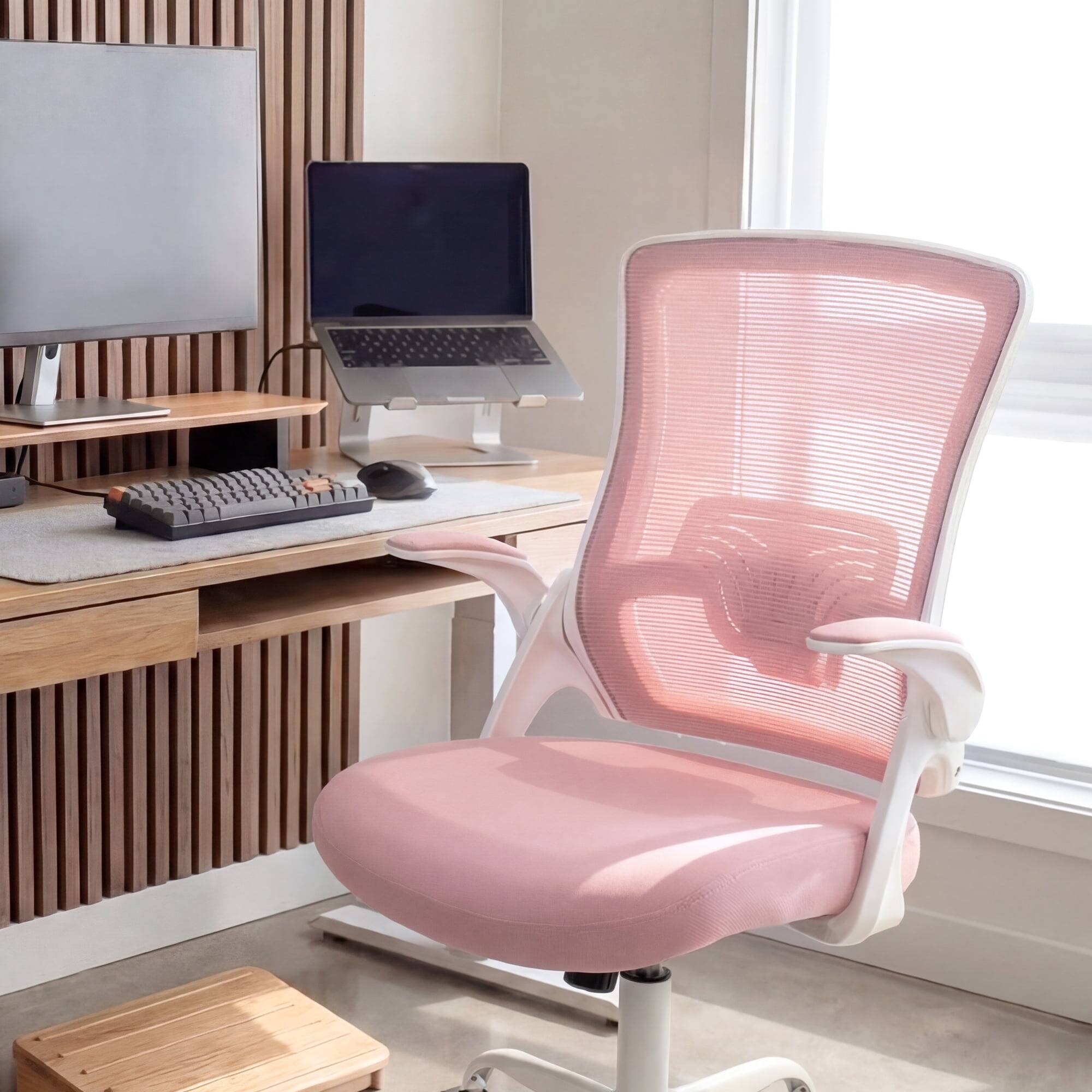 Left. Neo Chair - Ergonomic Office Chair, High-Back Mesh Computer Chair with Adjustable Height, Flip-Up Armrests & Lumbar Support - Steel Base-Pink.