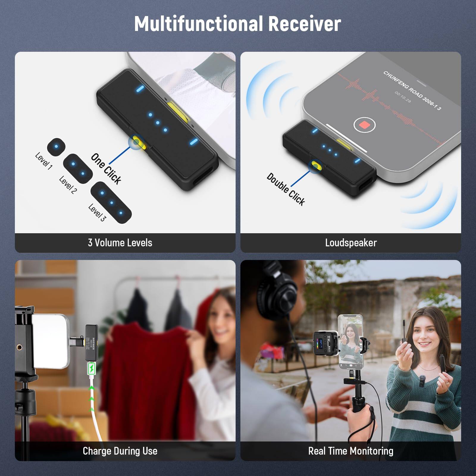 Multifunctional Receiver

- CHUNFENG ROAD 10.29 3008-1
- 2 Level1: One Click
- 2 Level2: Double Click
- 3 Volume Levels
- Loudspeaker
- Charge During Use
- Real Time Monitoring