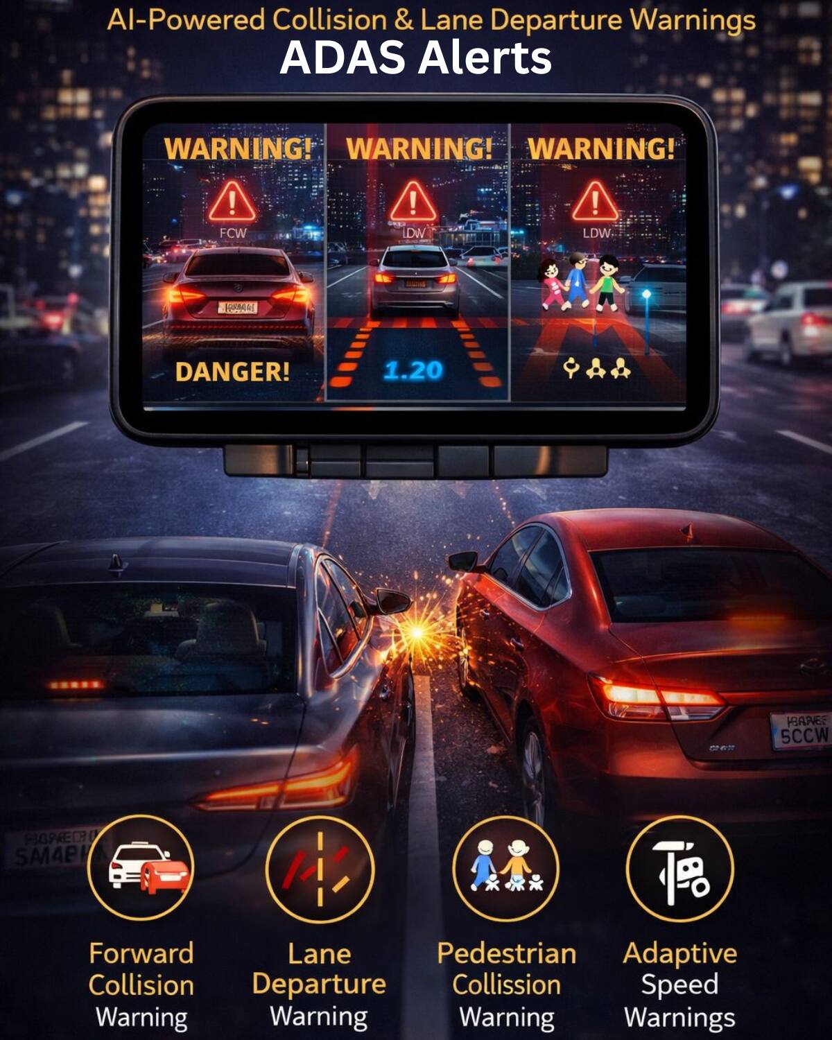 AI-Powered Collision & Lane Departure Warnings  
ADAS Alerts  

WARNING! WARNING! WARNING!  
FCW  
LDW  
DANGER!  
1.20  

Forward Lane  
Pedestrian Adaptive Collision  
Speed Warning  

Forward Collision Warning  
Lane Departure Warning  
Pedestrian Collision Warning  
Adaptive Speed Warnings