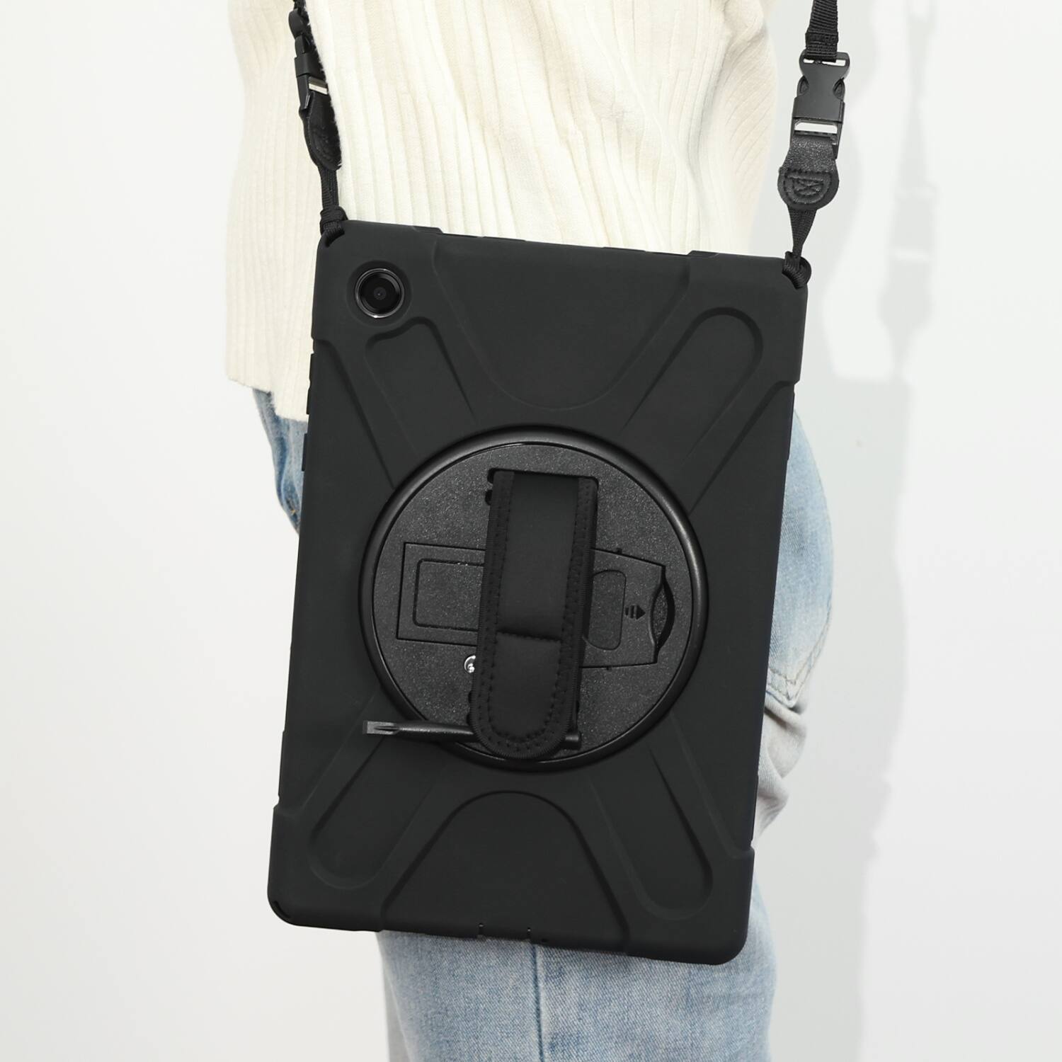Back. Mybat - MyBat Rotatable Stand Protector Case with Wristband for Samsung Galaxy Tab A11 5G - Black - Black.