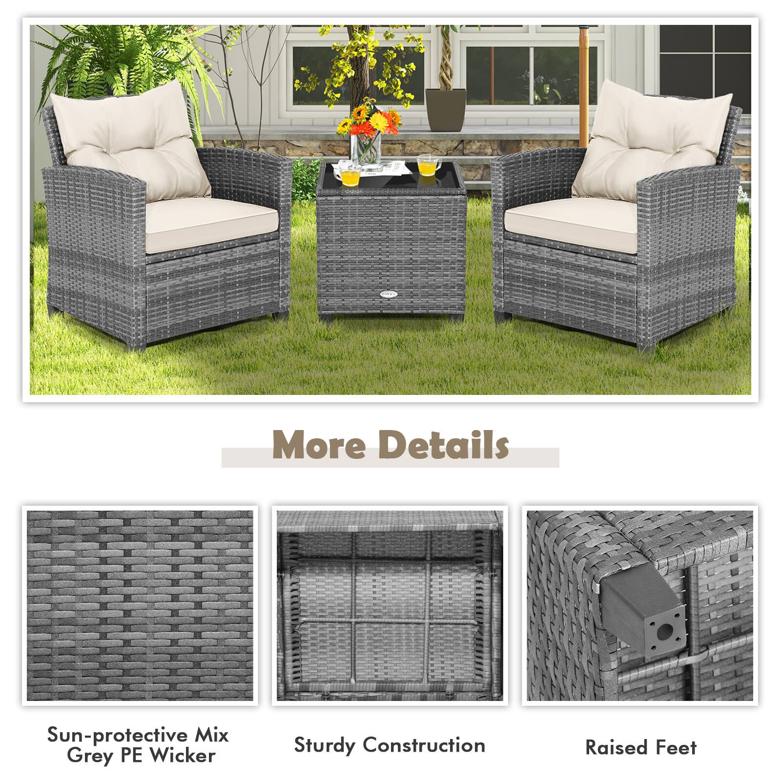 More Details

Sun-protective Mix Grey PE Wicker

Sturdy Construction

Raised Feet