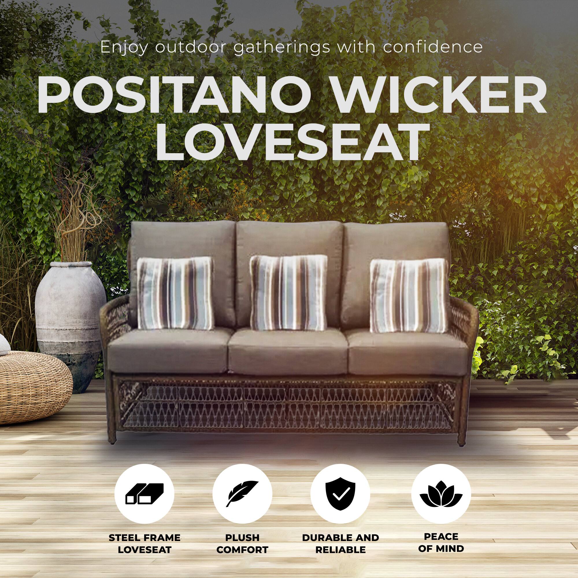 Enjoy outdoor gatherings with confidence

POSITANO WICKER LOVESEAT

- STEEL FRAME LOVESEAT
- PLUSH COMFORT
- DURABLE AND RELIABLE
- PEACE OF MIND