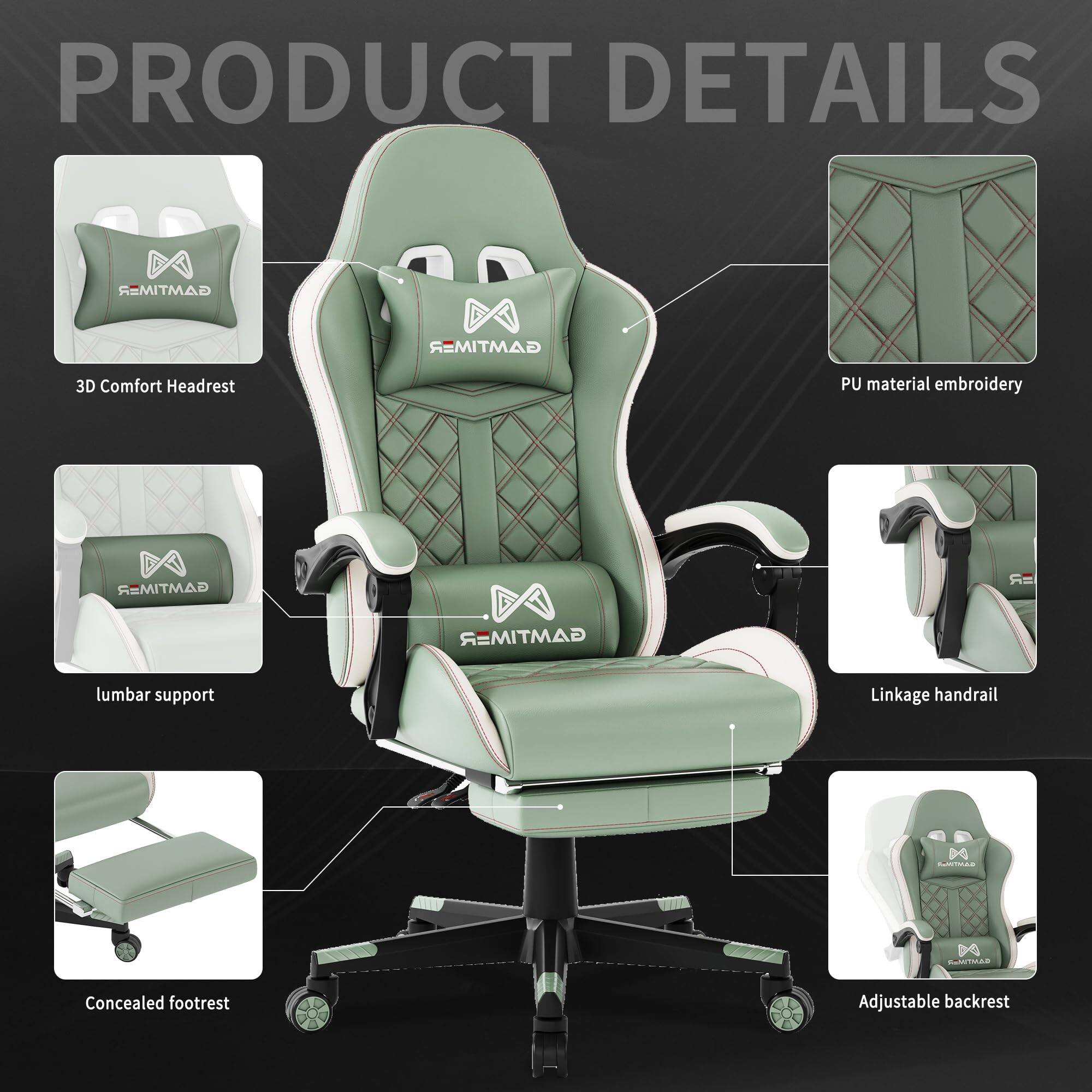 PRODUCT DETAILS

- 3D Comfort Headrest
- PU material embroidery
- Lumbar support
- Linkage handrail
- Concealed footrest
- Adjustable backrest