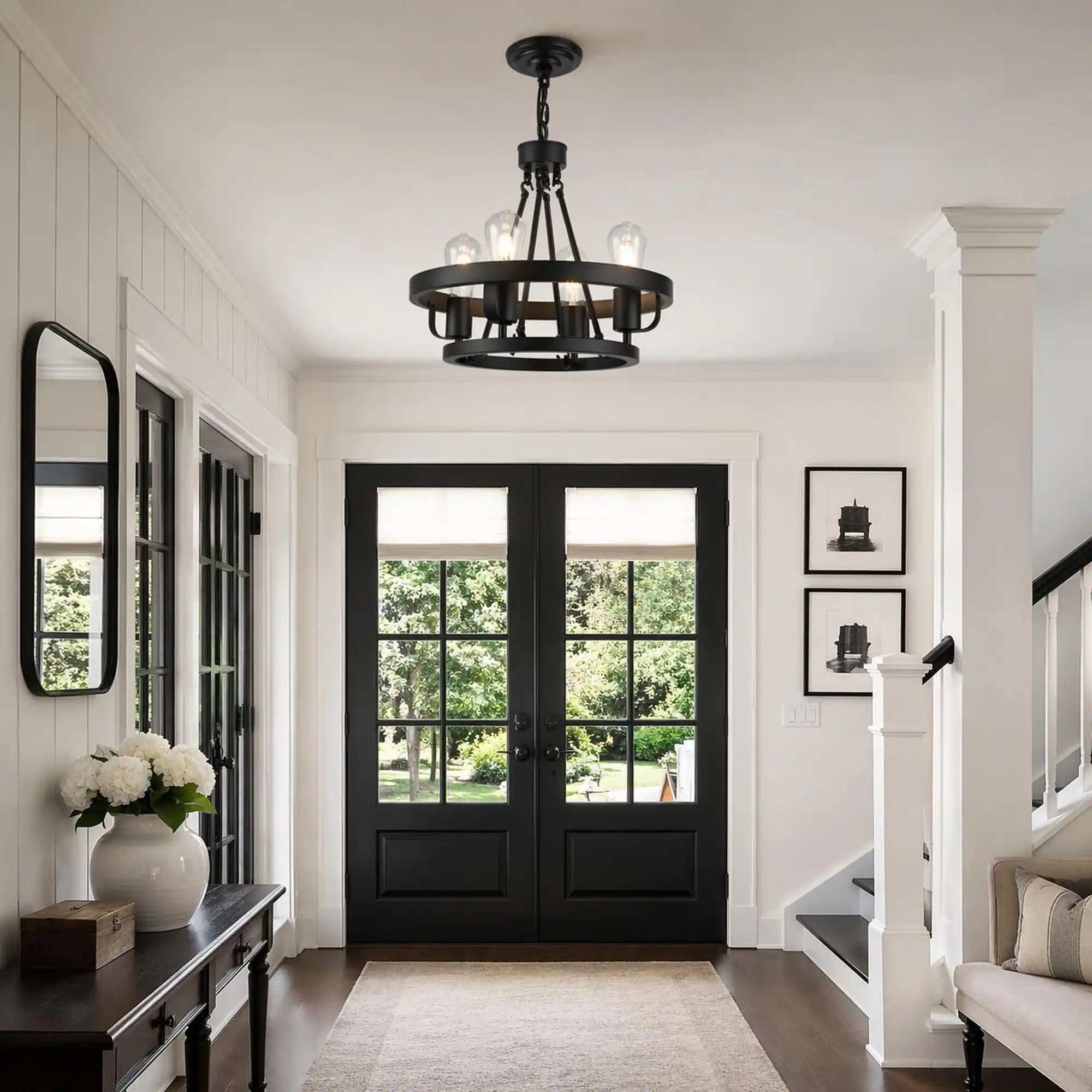 Back. RYHNUYNE - 4-Light Plug-In Pendant Light with 39.5-Foot Chain, Black Wagon Wheel Industrial Metal Shade, Adjustable Hanging.