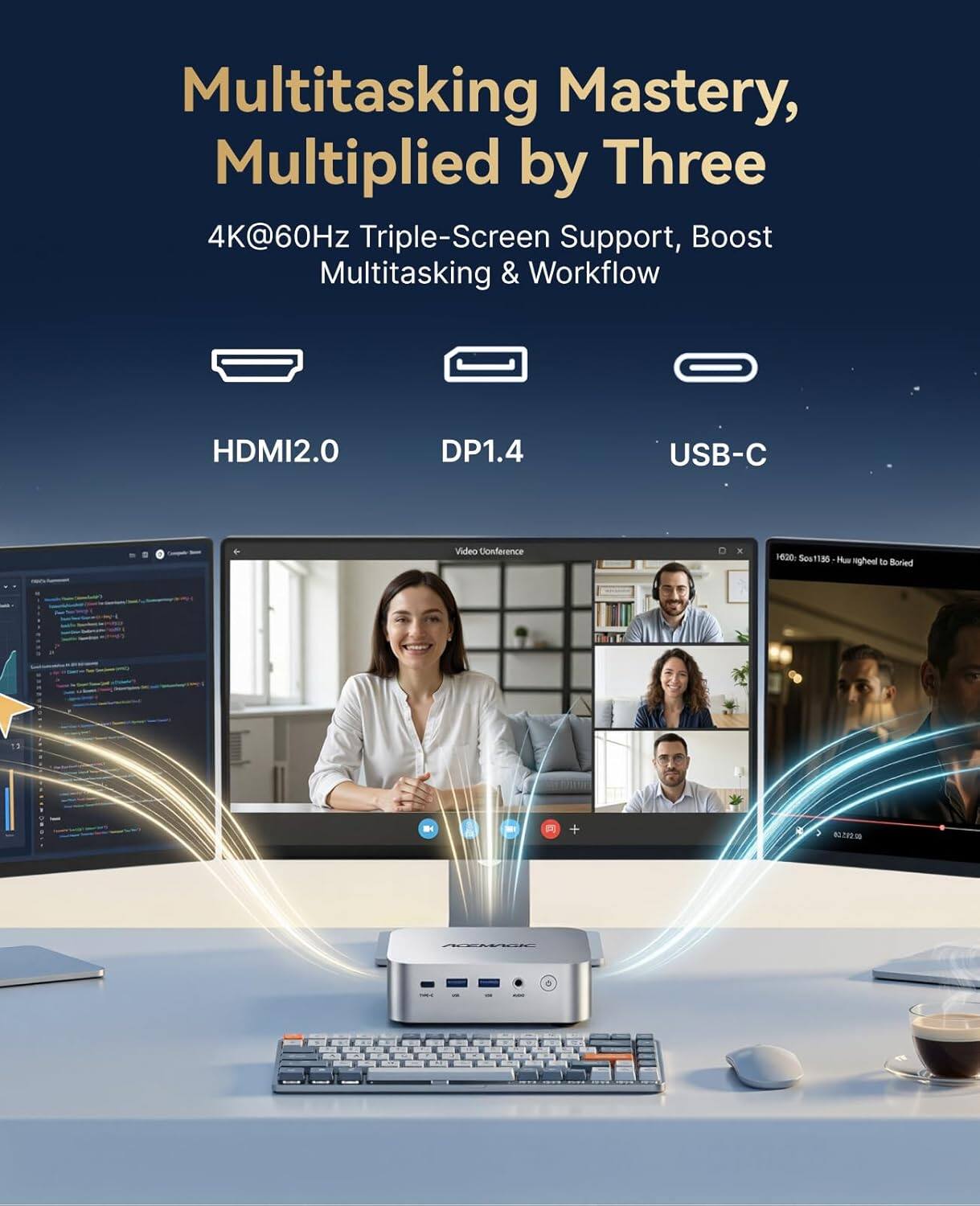 Multitasking Mastery, Multiplied by Three  
4K@60Hz Triple-Screen Support, Boost Multitasking & Workflow  
HDMI2.0  
DP1.4  
USB-C  
Video Conference  

1620: Sos1185 Huu righeal to Boried  
13  

A  
+  
X  
3  
00  
AGENTRIE  
-