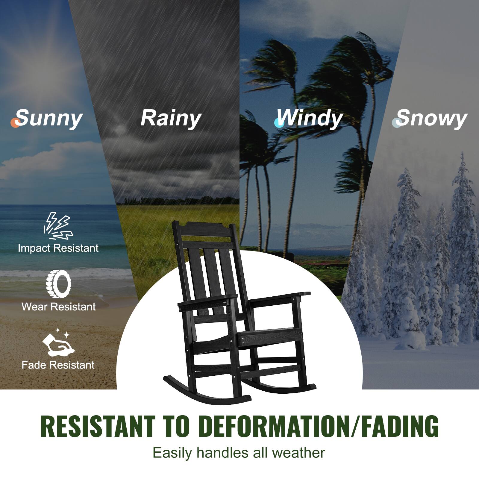Sunny  
Rainy  
Windy  
Snowy  

Impact Resistant  
Wear Resistant  
Fade Resistant  

RESISTANT TO DEFORMATION/FADING  
Easily handles all weather