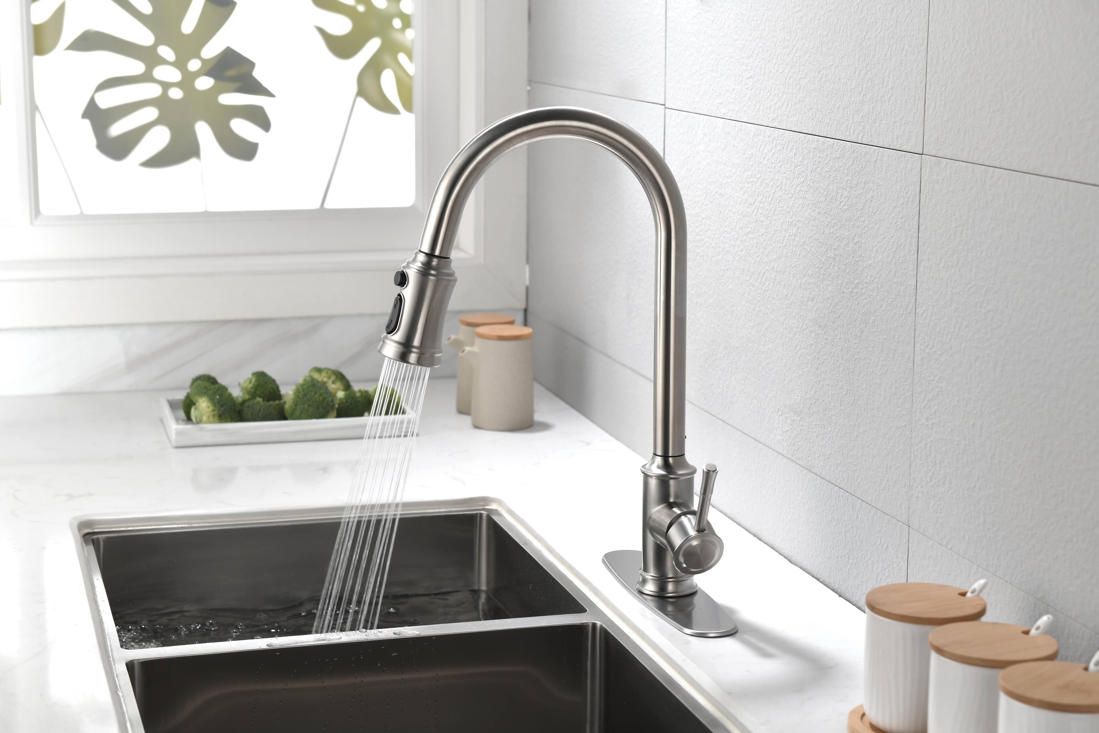 Alt View 3. Siljoy - Single Handle High Arc Pull Out Kitchen Faucet,Single Level Stainless Steel Kitchen Sink Faucets with Pull Down Sprayer - Brushed Nickel.