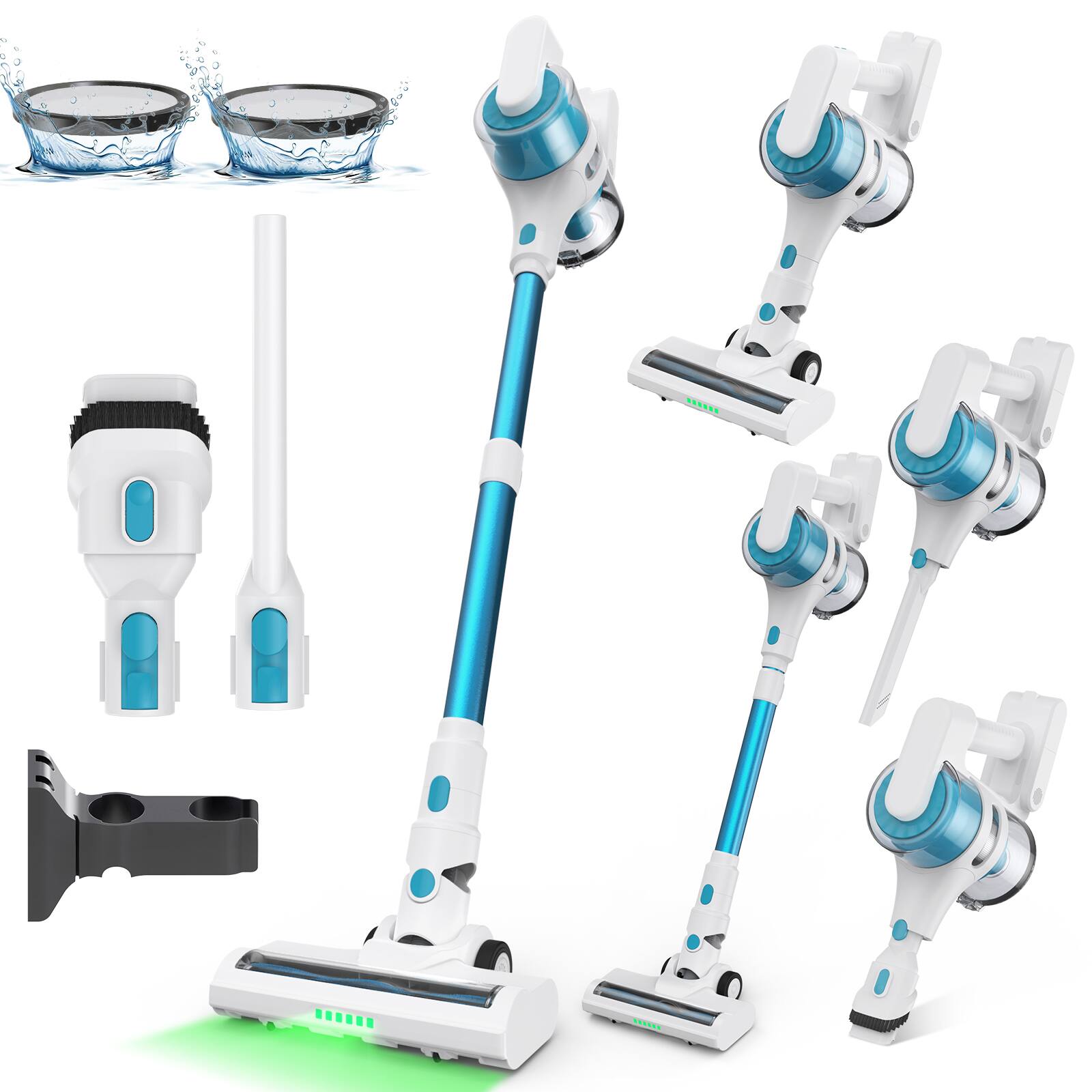 The image shows a mop with various attachments and accessories. Here is the corrected and grouped text based on the image:

- Mop with a telescopic handle
- Microfiber mop pad
- Scrubber brush
- Extension pole
- Squeegee
- Two small bowls (likely for cleaning solution)
- Additional mop heads (different types for various surfaces)