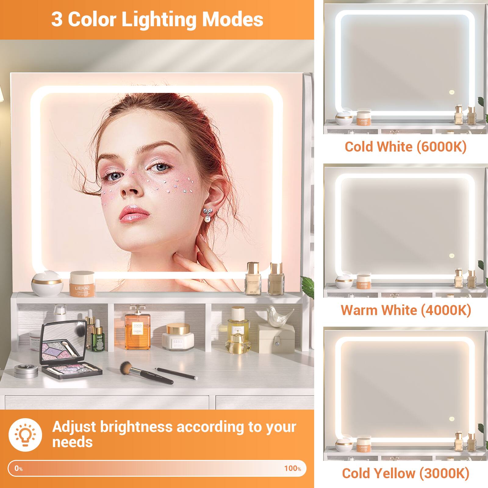 3 Color Lighting Modes

- Cold White (6000K)
- Warm White (4000K)
- Cold Yellow (3000K)

Adjust brightness according to your needs - 0% to 100%