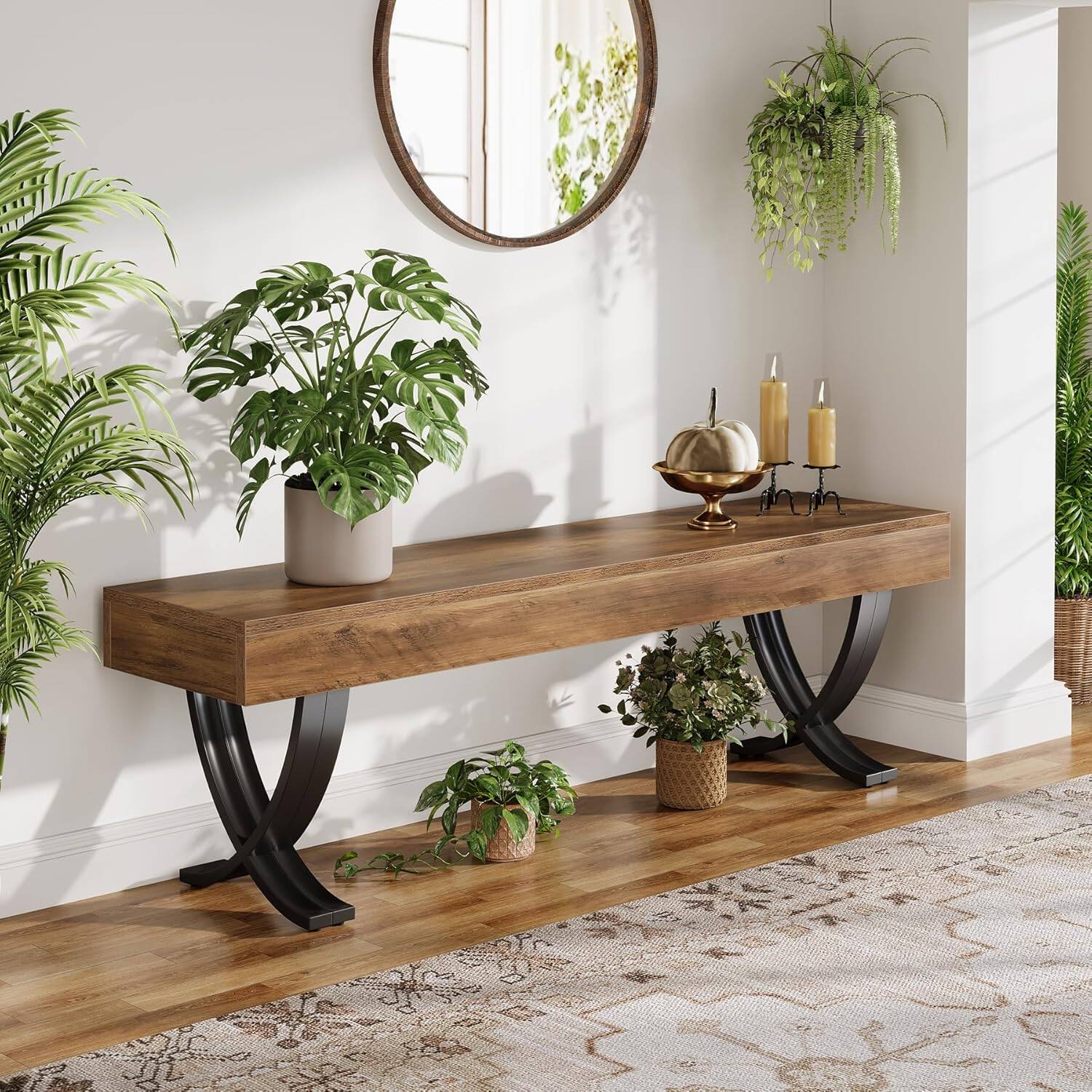 Alt View 2. Tribesigns - Office Reception Bench with Engineered Wood Construction, Metal Frame, for Office Entryways and Waiting Areas - Brown.