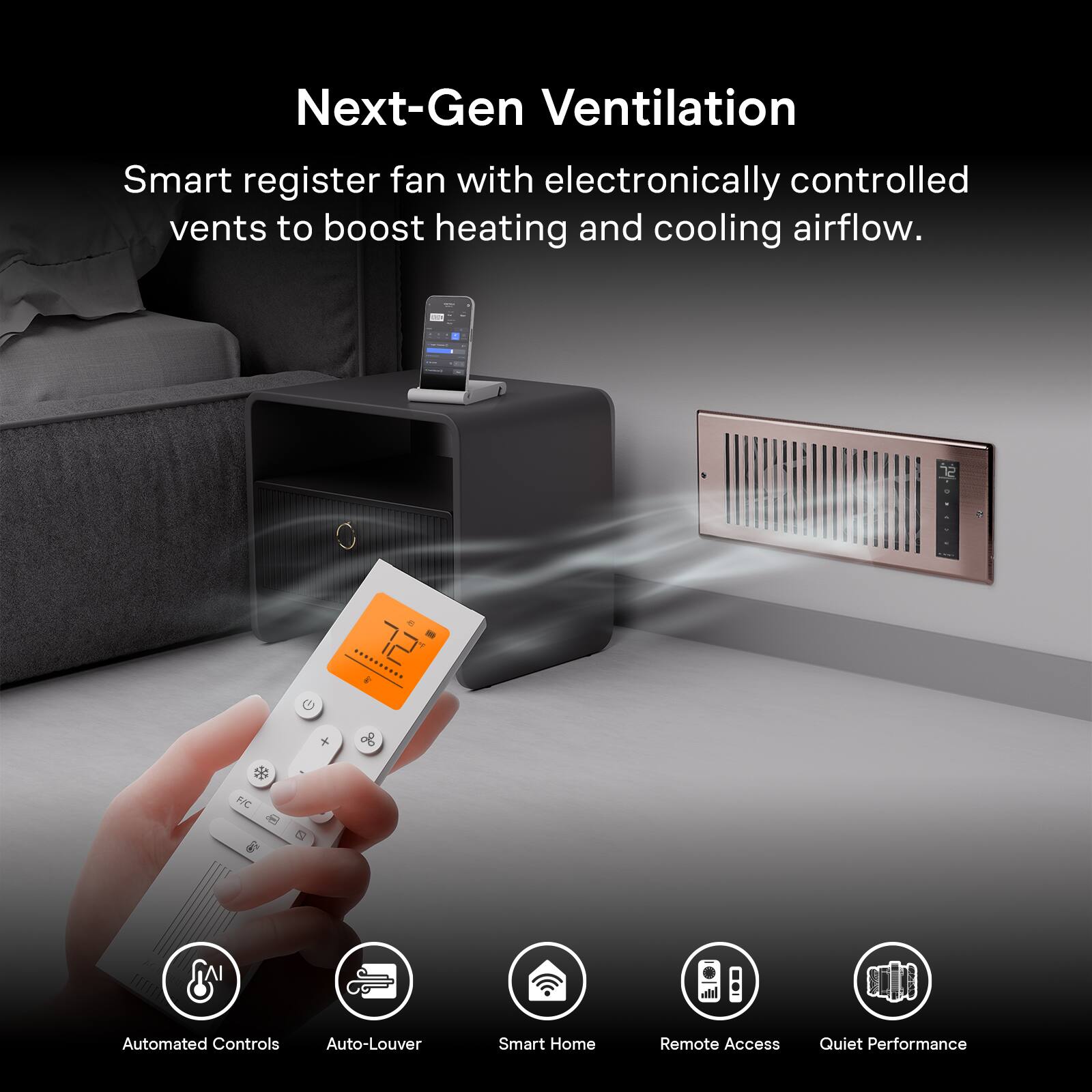 Next-Gen Ventilation

Smart register fan with electronically controlled vents to boost heating and cooling airflow.

12
1
F/C

Automated Controls
Auto-Louver
Smart Home
Remote Access
Quiet Performance