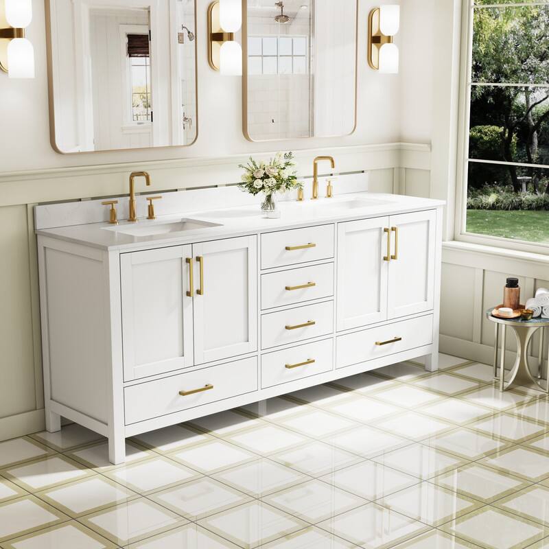 Left. WELLFOR - 80 in Bathroom Vanity with Double Sink,Solid Wood Bathroom Cabinet with 4 Doors& 6 Drawers,Brushed Gold Handle - White.