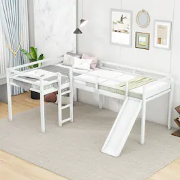 Loheer - L-Shaped Twin Loft Bed with Slide and Ladder, Corner Bed - White