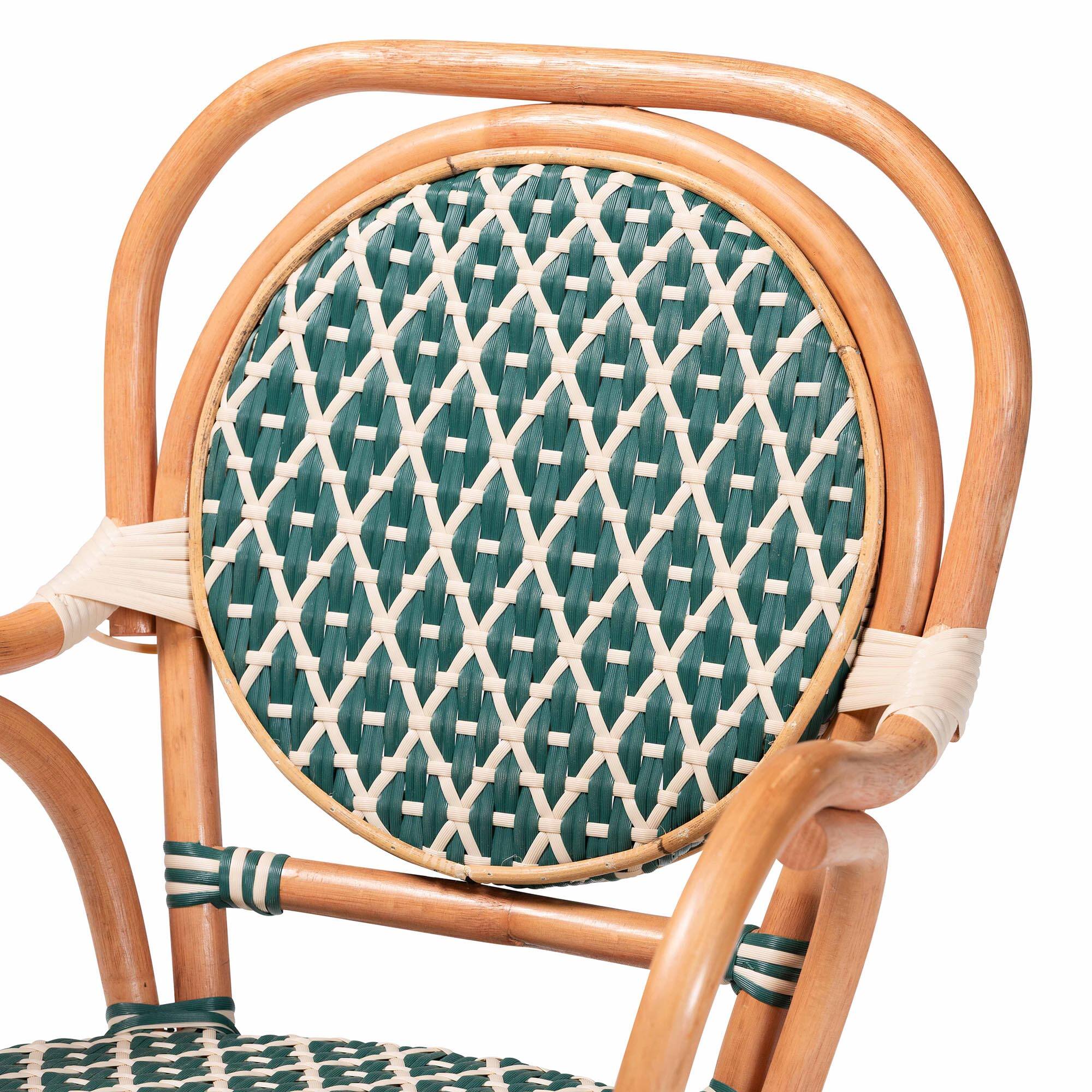 Alt View 1. bali & pari - Mattie Rattan Bistro Chair - Cafe-Style Dining Chair with Curved Arms for Indoor/Outdoor Lounge, Green - Natural Brown/Green/White.