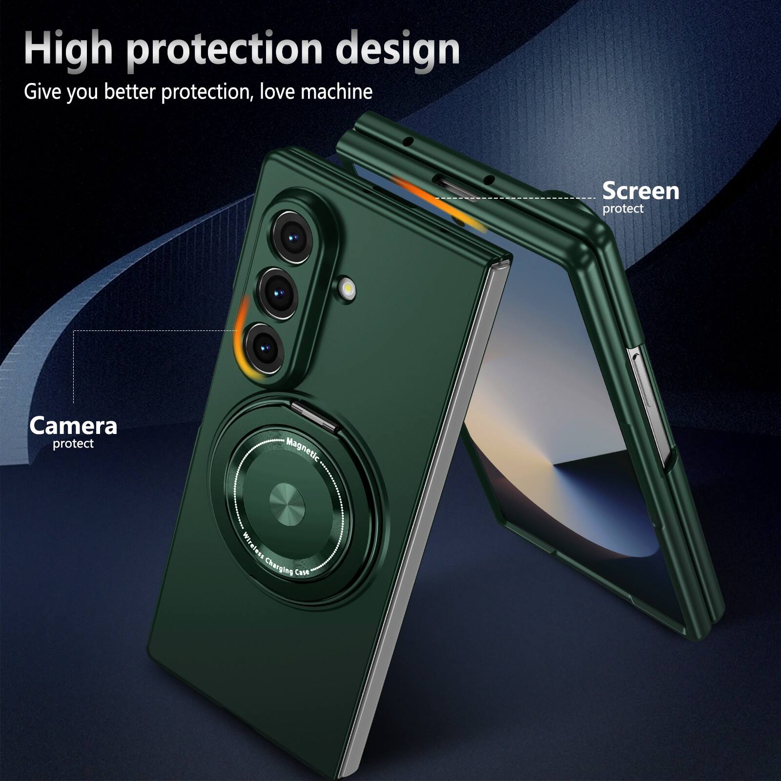 High protection design  
Give you better protection, love machine  

Screen protect  
Camera protect  
Magnetic Wireless Charging Case