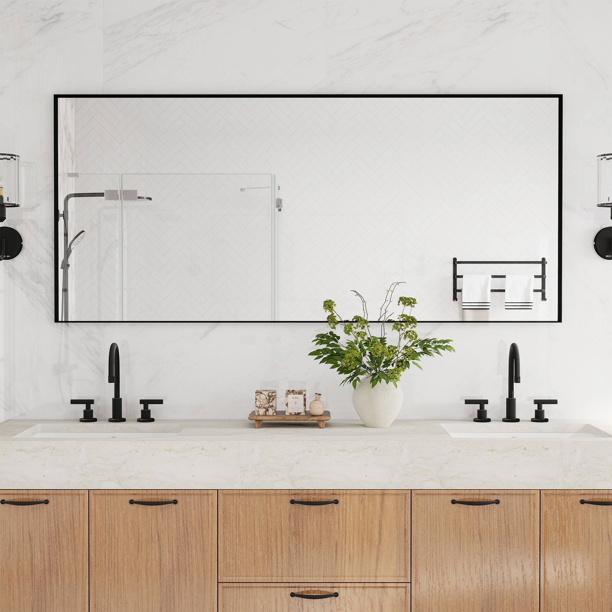 Alt View 2. Boyel Living - 32 x 72 in Rectangle Square Right-Angle Mirror with Matte Black Aluminum Frame.