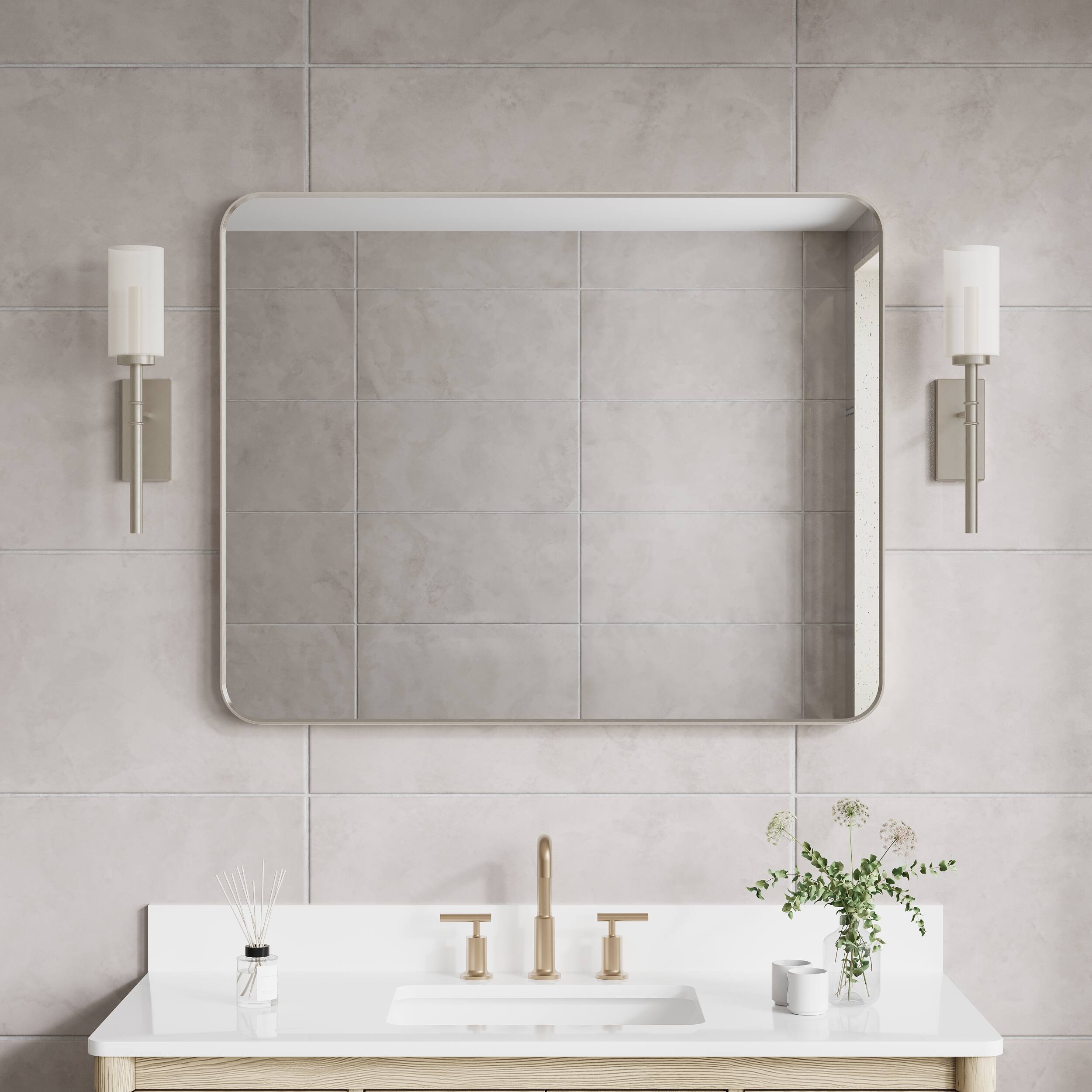 Left. WELLFOR - 40 in. W x 32 in. H Rectangular Aluminum Framed Wall-Mounted Bathroom Vanity Mirror - Brushed Nickel.
