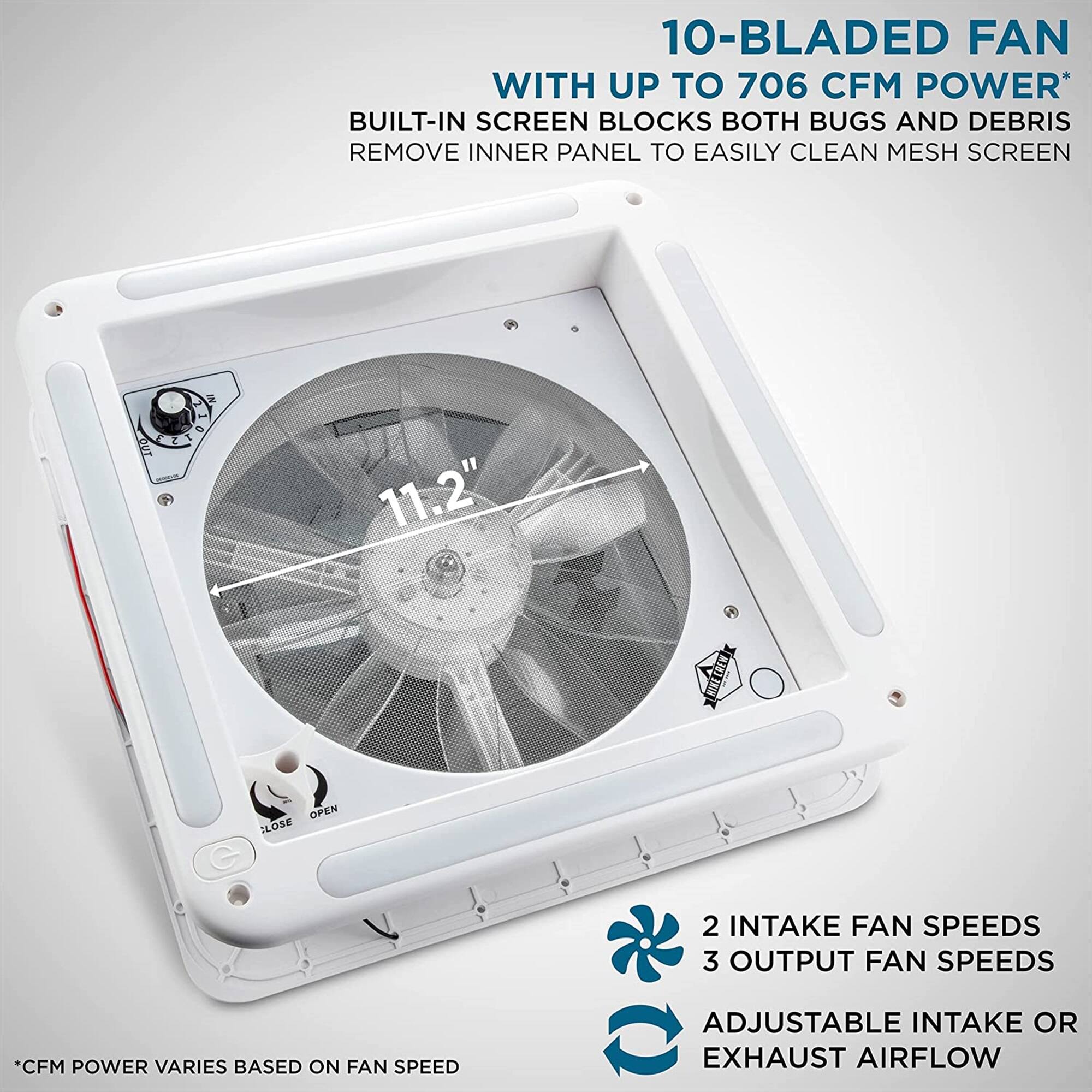 10-BLADED FAN WITH UP TO 706 CFM POWER* BUILT-IN SCREEN BLOCKS BOTH BUGS AND DEBRIS REMOVE INNER PANEL TO EASILY CLEAN MESH SCREEN OUT 11.2" BINTEREW OPEN ILOSE 2 INTAKE FAN SPEEDS 3 OUTPUT FAN SPEEDS *CFM POWER VARIES BASED ON FAN SPEED ADJUSTABLE INTAKE OR EXHAUST AIRFLOW