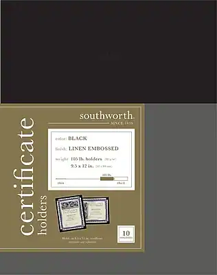 Certificate Holders
Southworth
Since 1839
Color: Black
Finish: Linen Embossed
Weight: 105 lb.
Size: 9.5 x 12 in. (241 x 305 mm)
Quantity: 10
Holds 9 x 12 in. certificates
Complete with adhesive