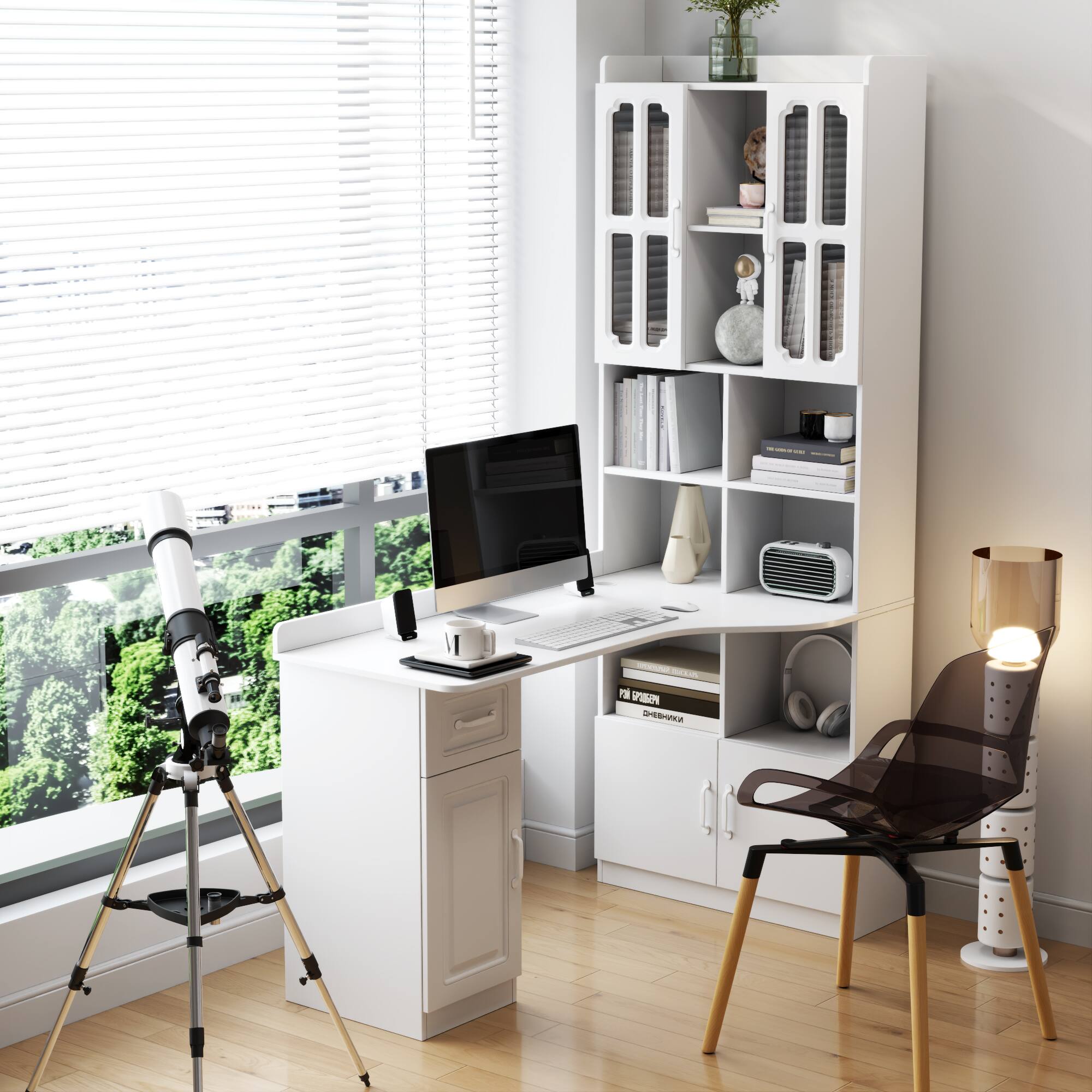 Front. TinyHomie - L-Shaped Corner Computer Desk for Home Office or Study desk Study with Drawers Bookshelf and Hutch 2-in-1 Working Space - White.