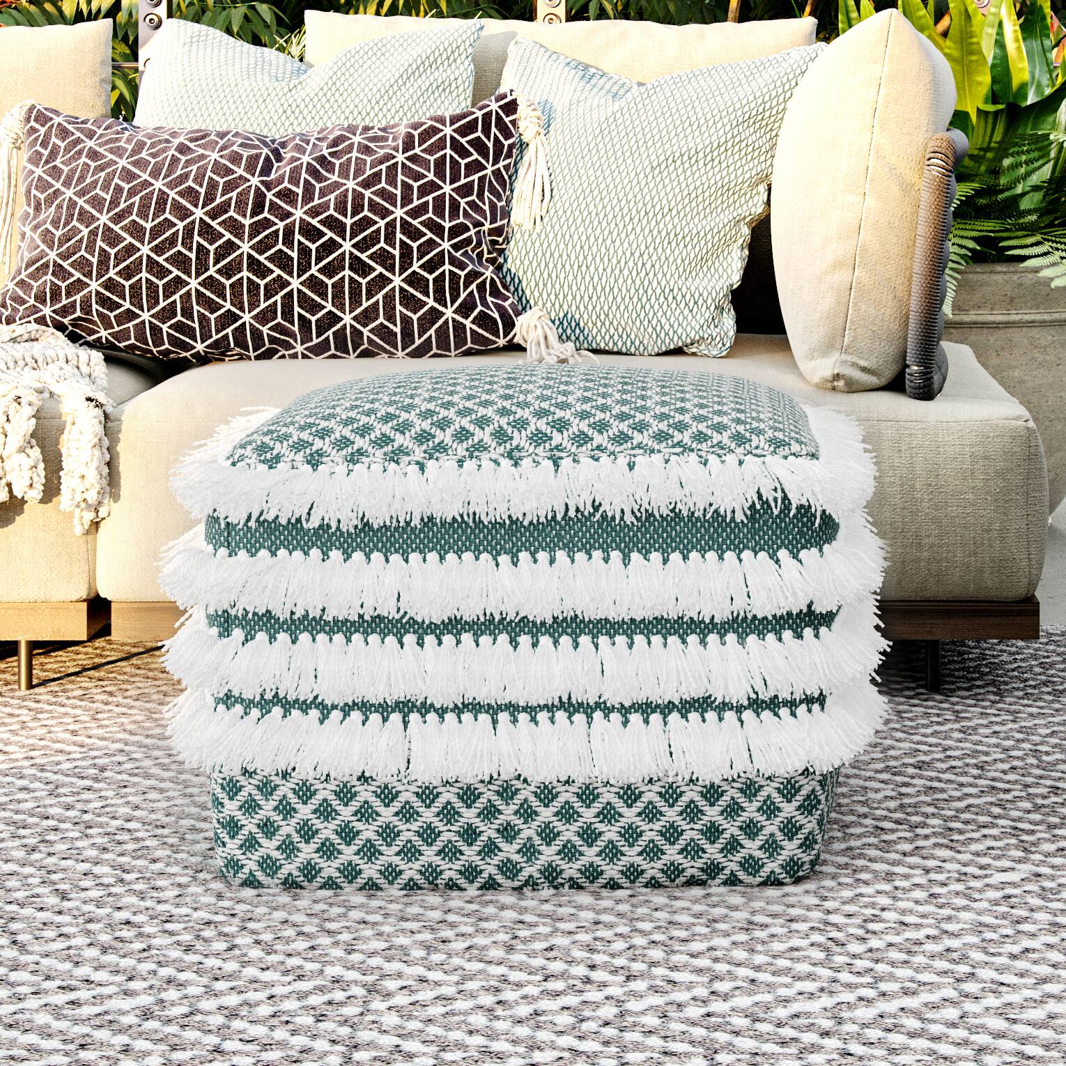 Left. Simpli Home - Leah Square Woven Pouf - Turquoise and White.