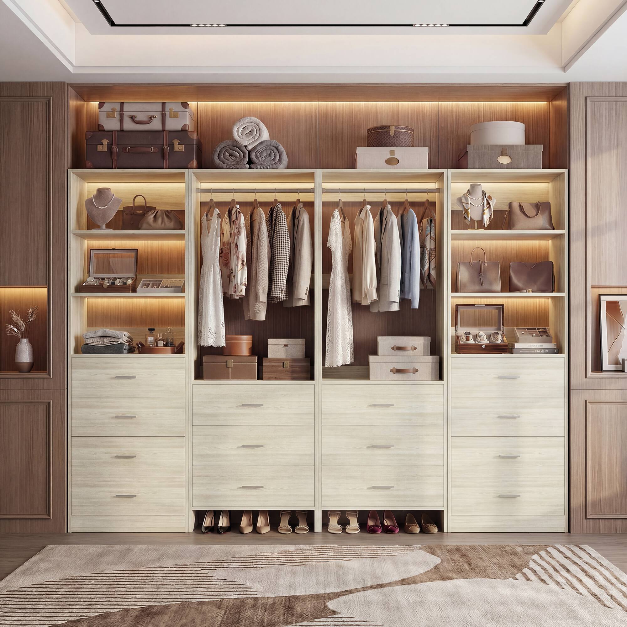 Back. Aheaplus - 90'' Walk-in Closet Organizer System with 14 Drawers, 2 Hanging Rods and Adjustable Shelves - Beige Oak.