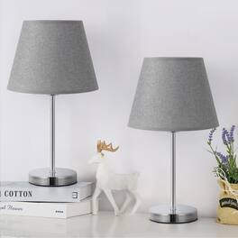 Oumilen - Modern Table Lamps Set of 2 - Small Silver Metal Nightstand Lamps with Gray Fabric Shade for Bedroom Dorm Kids Room