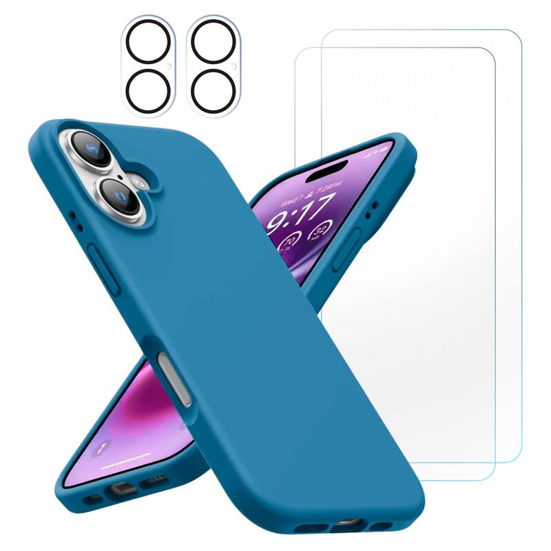 Entronix - Complete Protection Bundle for iPhone 17 - Silicone Case, Screen & Camera Protectors - Aqua Blue