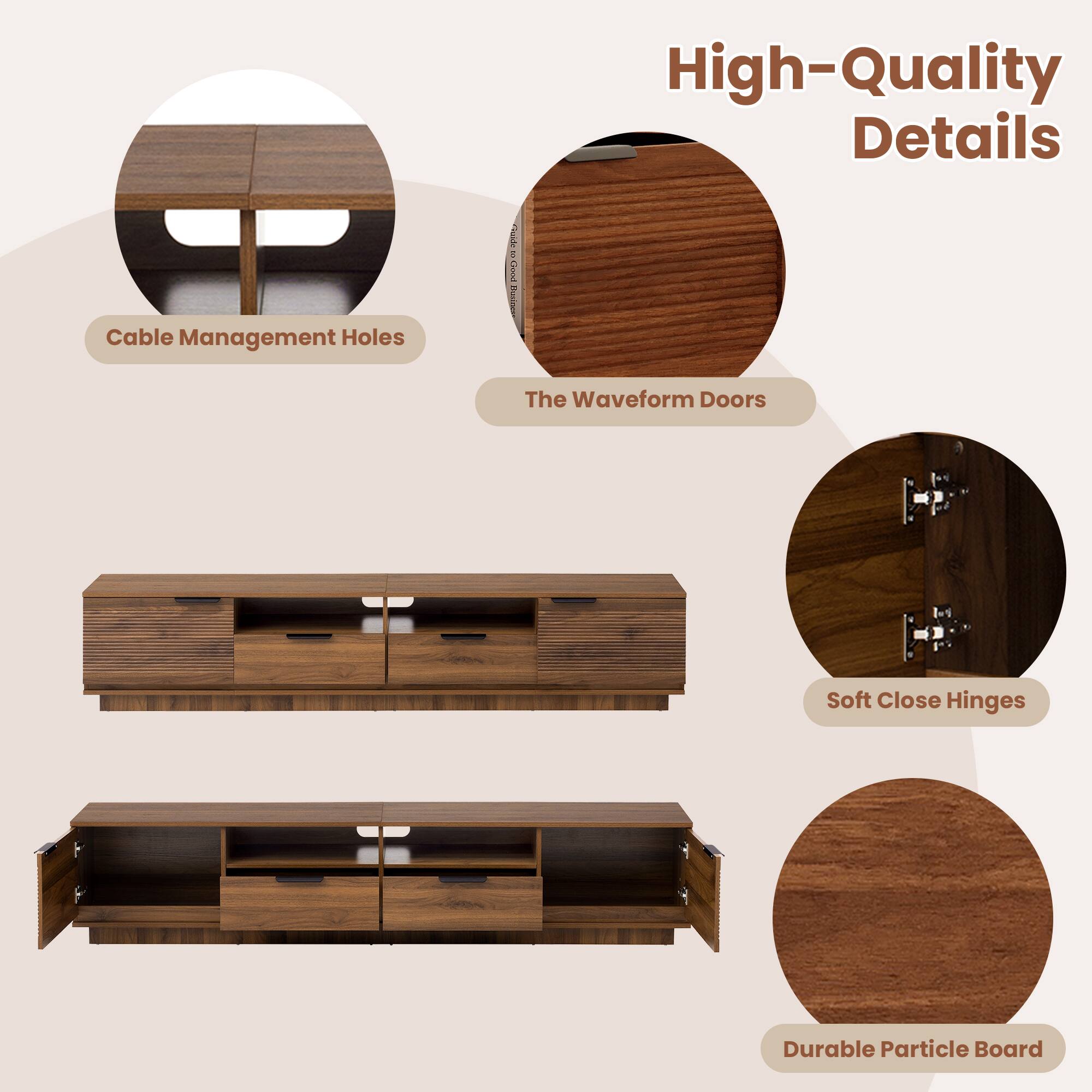 High-Quality Details

- Cable Management Holes
- The Waveform Doors
- Soft Close Hinges
- Durable Particle Board