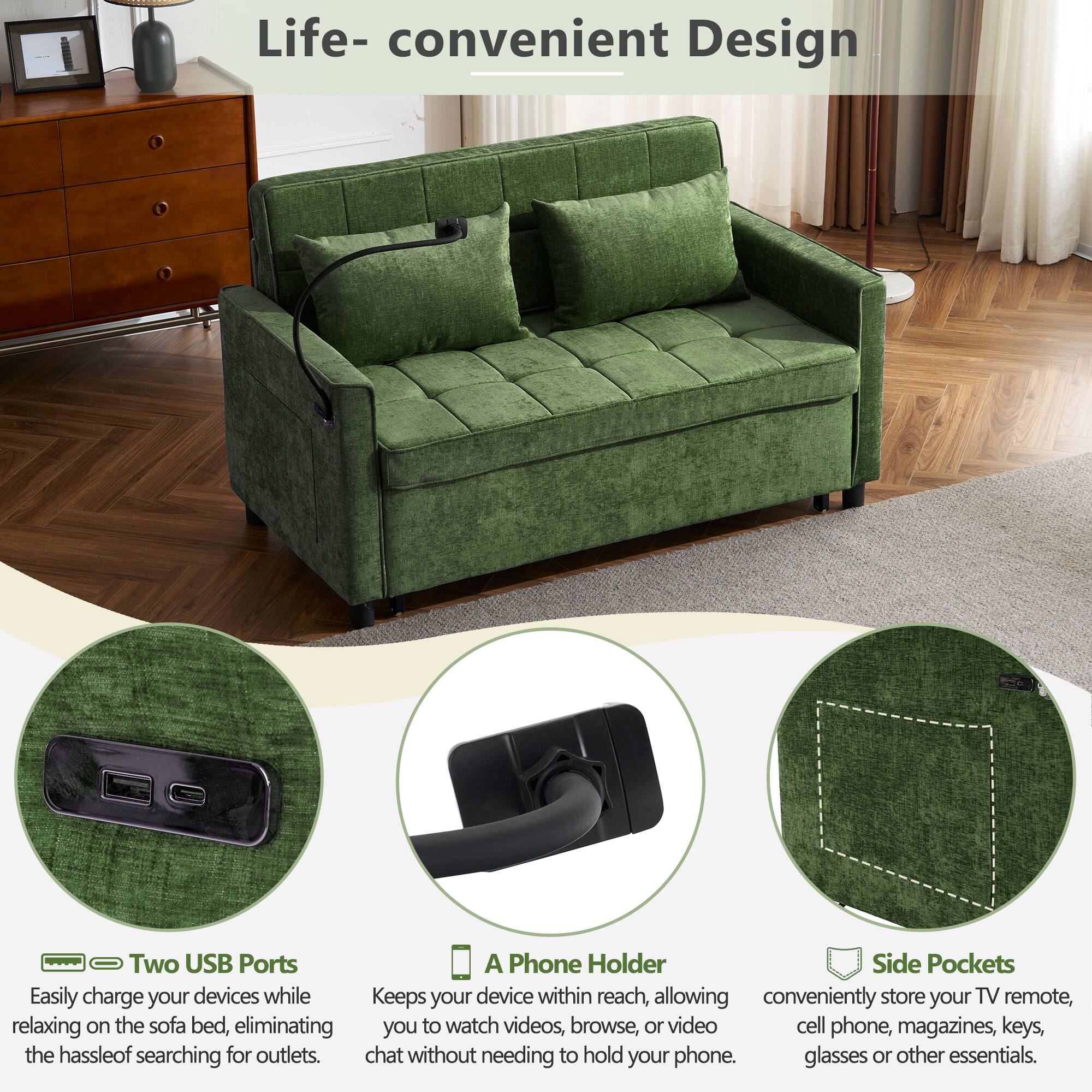 Life- convenient Design

Two USB Ports  
Easily charge your devices while relaxing on the sofa bed, eliminating the hassle of searching for outlets.

A Phone Holder  
Keeps your device within reach, allowing you to watch videos, browse, or video chat without needing to hold your phone.

Side Pockets  
Conveniently store your TV remote, cell phone, magazines, keys, glasses or other essentials.