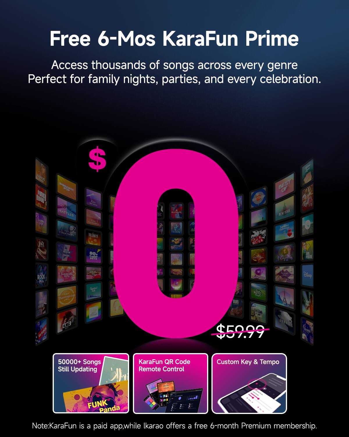 Free 6-Mos KaraFun Prime

Access thousands of songs across every genre. Perfect for family nights, parties, and every celebration.

$0

$59.99

50000+ Songs Still Updating

KaraFun QR Code Remote Control

Custom Key & Tempo

Note: KaraFun is a paid app, while Ikarao offers a free 6-month Premium membership.