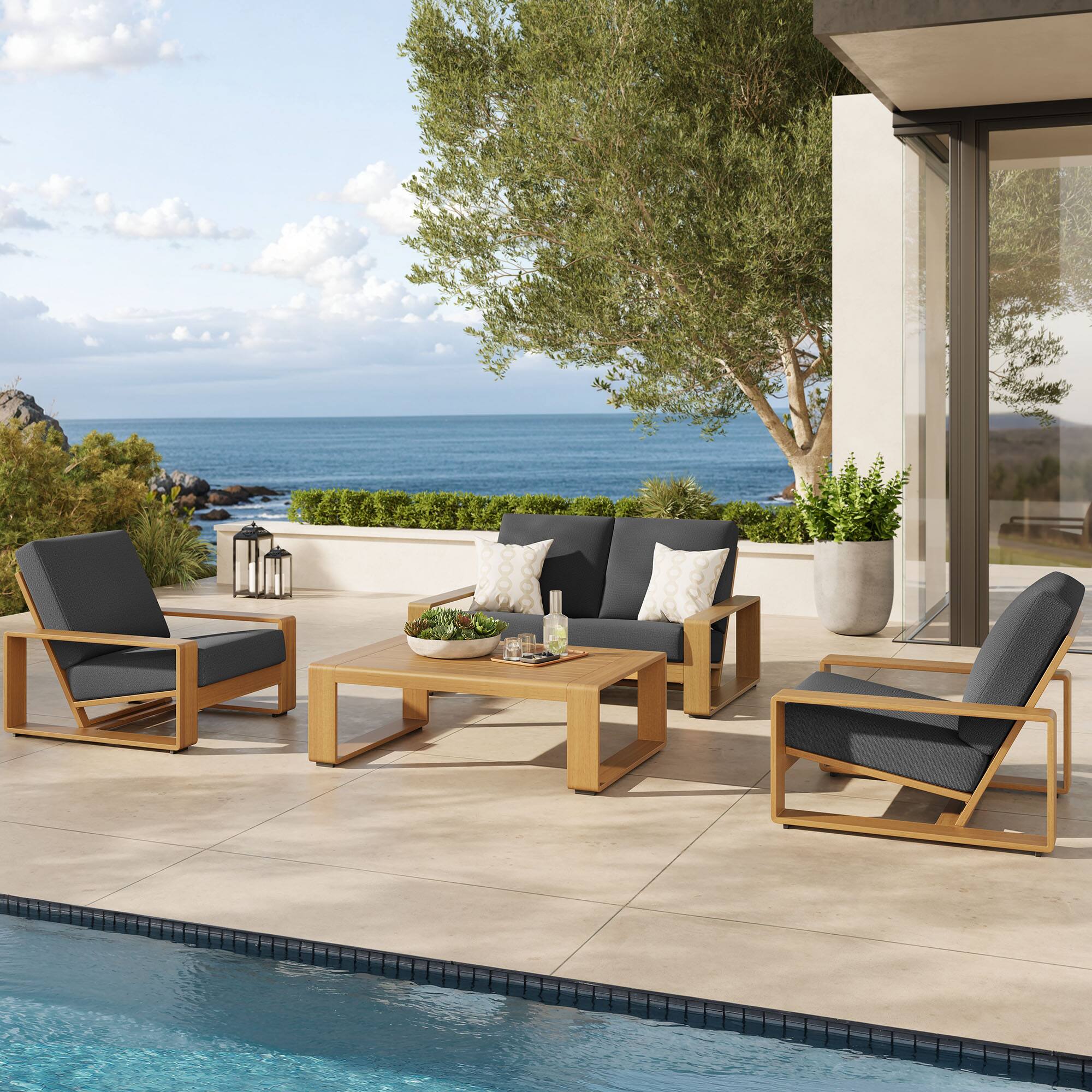 Alt View 6. Modway - Lirienne 4-Piece Outdoor Patio Aluminum Faux Wood Furniture Set - Charcoal Natural.