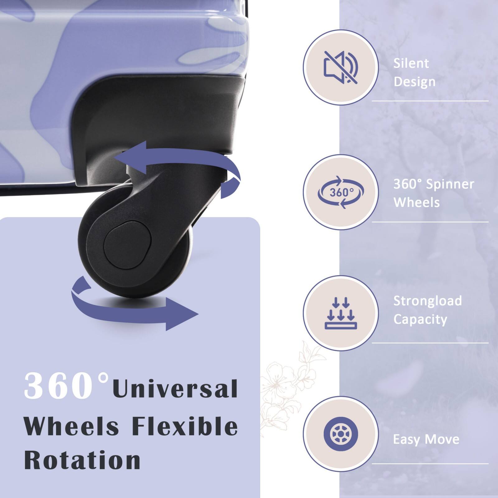 Silent Design  
360° Spinner Wheels  
Strongload Capacity  
360° Universal Wheels Flexible Rotation  
Easy Move