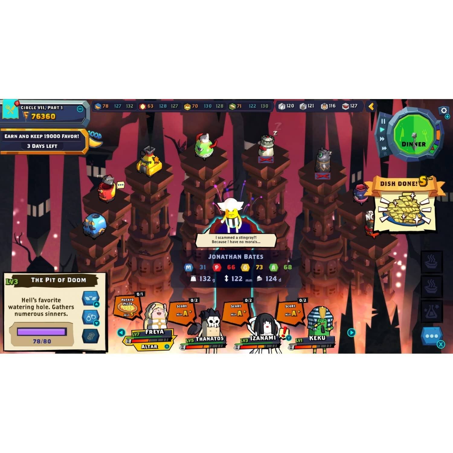 CIRCLE VII, PART 1  
76360  

EARN AND KEEP 19000 FAVOR!  
3 DAYS LEFT  

THE PIT OF DOOM  
Hell's favorite watering hole. Gathers numerous sinners.  
78/80  

DISH DONE!  

JONATHAN BATES  
LV3  
31 P  
66 G  
73 A  
122 mm  
124 d  
"I scammed a stingray! Because I have no morals..."  

FREYA  
LV7  
ALTAR  

THANATOS  
LV3  

IZANAMI  
LV1  

KERU  
LV1  

0/1 PSTATE  
0/2 iceRt  
0/2 BCORE  

LV7 FREYA  
ALTAR  

LV3 THANATOS  
IZANAMI  
KERU