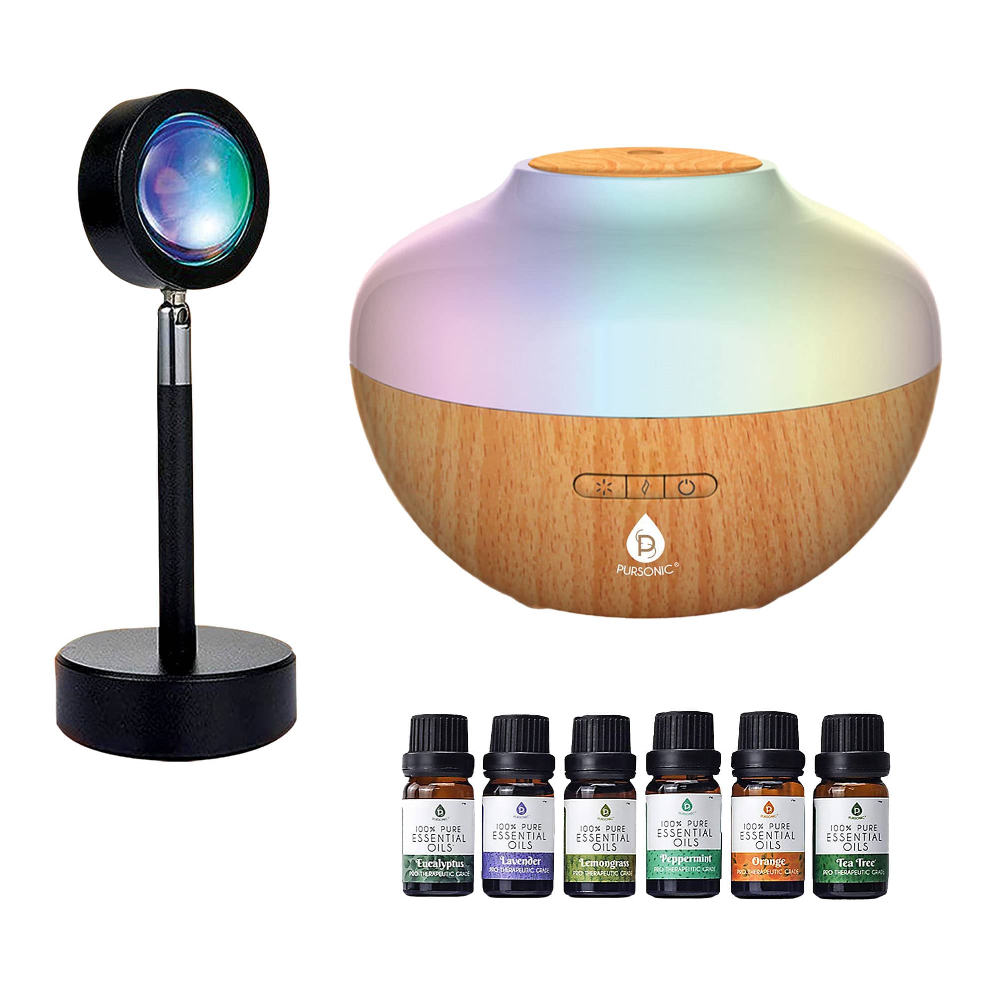 Pursonic - Sunset Projector Table Lamp with Essential Oil Aroma Diffuser & 6-Pack of 100% Pure Aromatherapy Oils - Multicolor