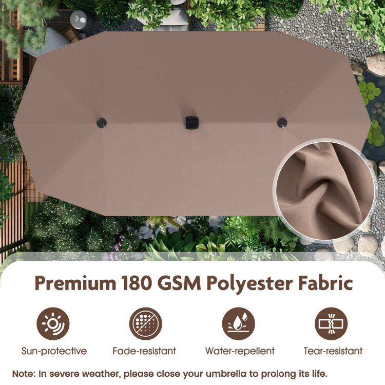 Premium 180 GSM Polyester Fabric

Sun-protective
Fade-resistant
Water-repellent
Tear-resistant

Note: In severe weather, please close your umbrella to prolong its life.