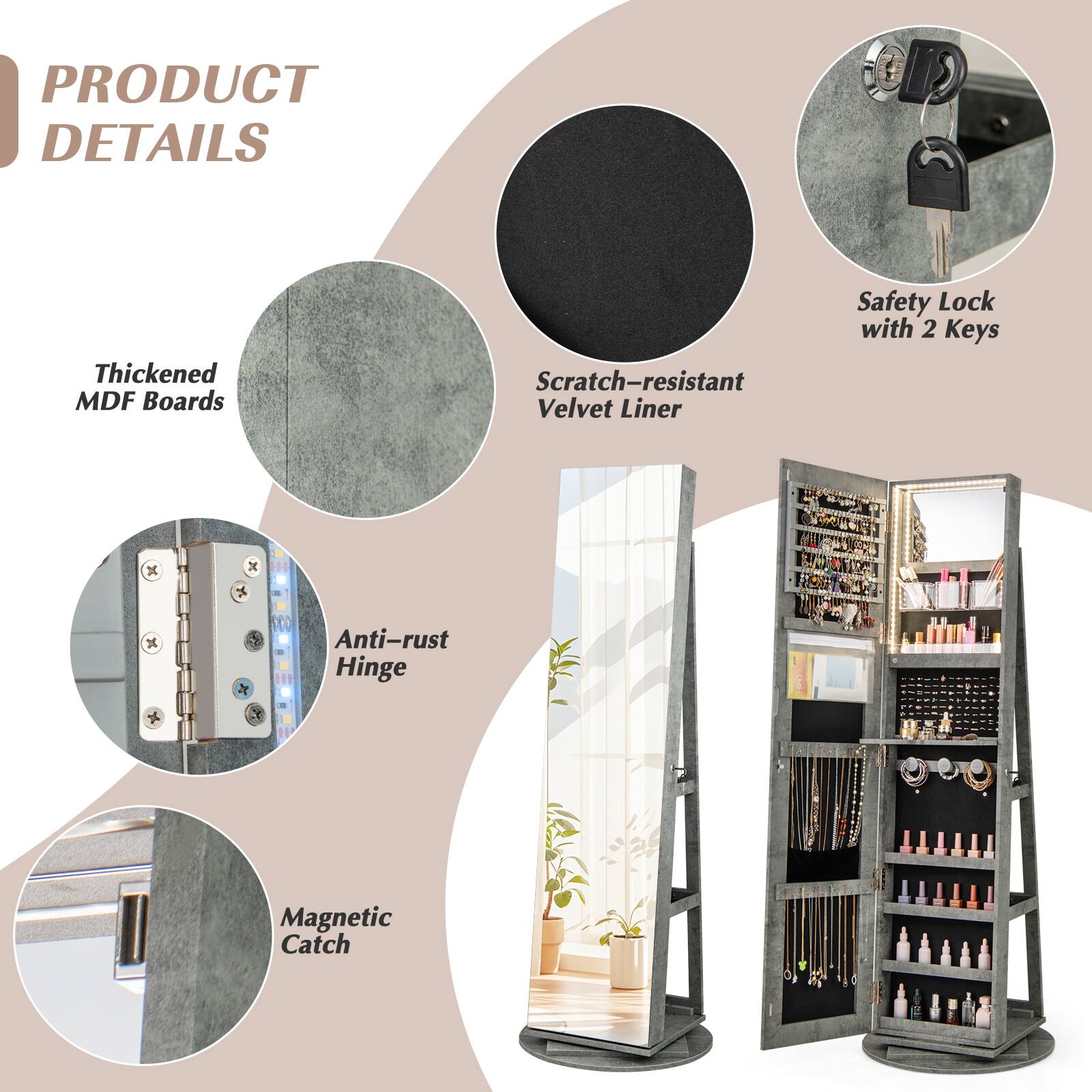 PRODUCT DETAILS

- Thickened MDF Boards
- Scratch-resistant Velvet Liner
- Safety Lock with 2 Keys
- Anti-rust Hinge
- Magnetic Catch