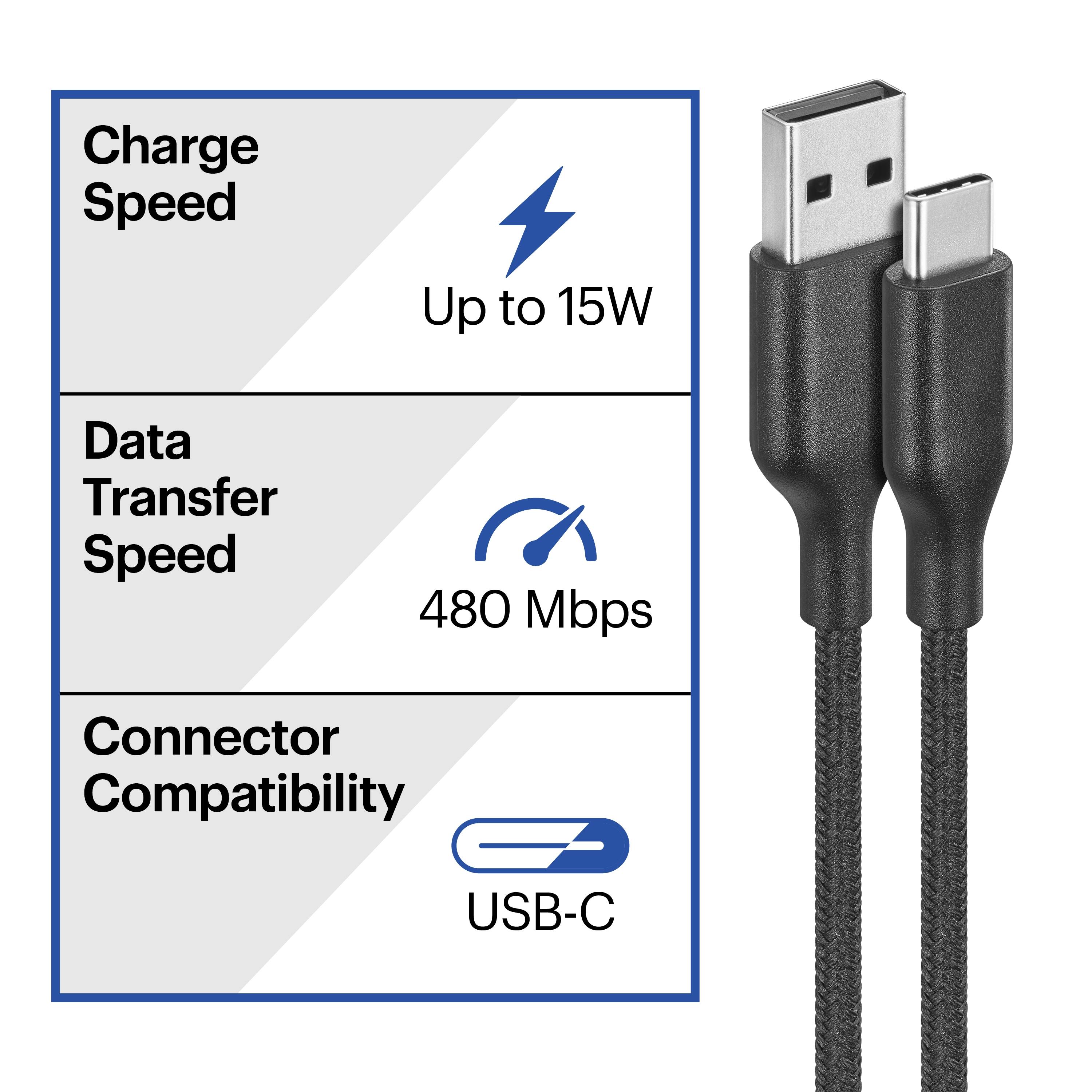 The image shows a USB cable with a USB-C connector on one end and a regular USB connector on the other end. The cable is black and has a blue label that displays the following information: Charge Speed Up to 15W, Data Transfer Speed 480 Mbps, Connector Compatibility USB-C. This indicates that the cable is designed for fast charging and data transfer, with compatibility for both USB-C and regular USB devices.