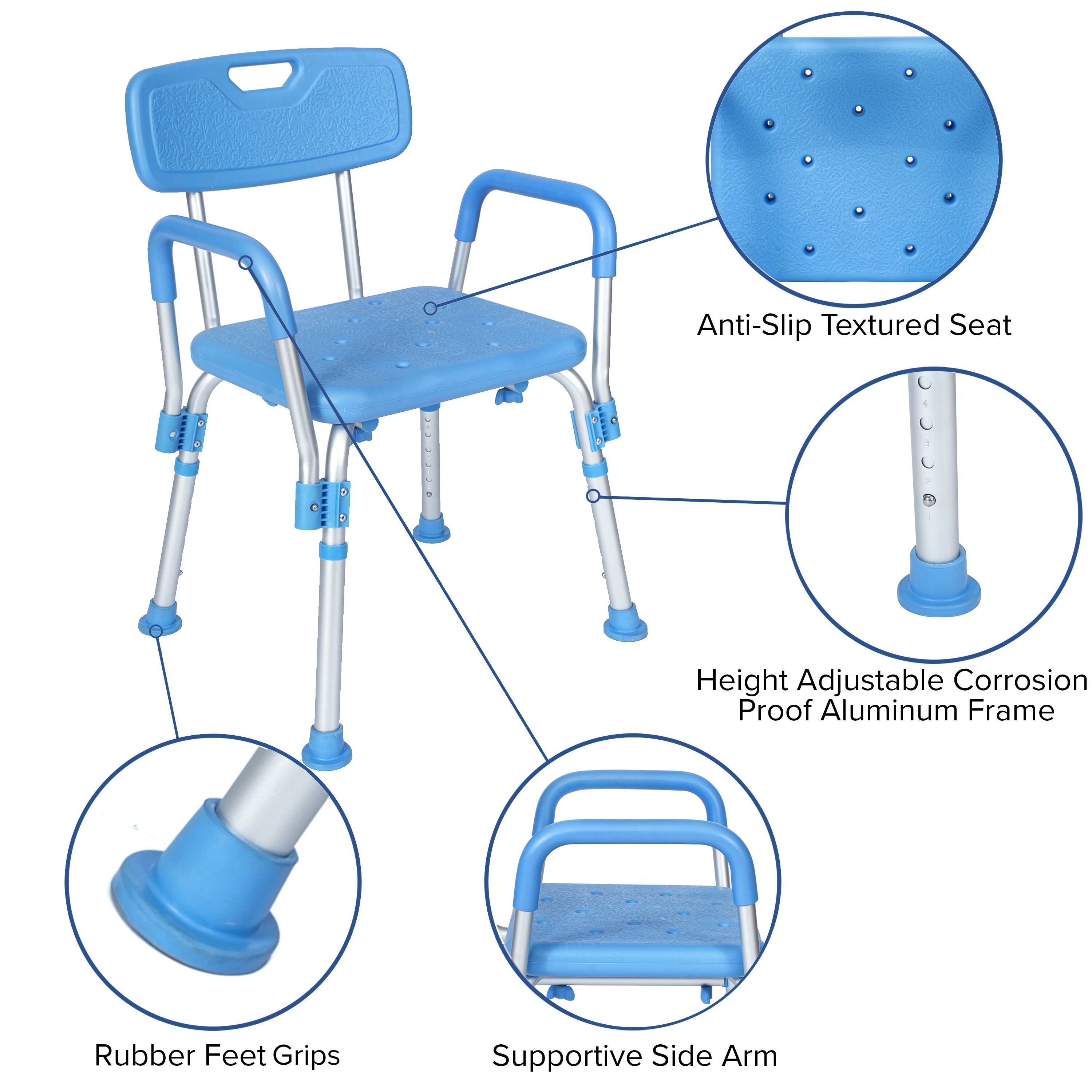 Anti-Slip Textured Seat  
Height Adjustable Corrosion Proof Aluminum Frame  
Rubber Feet Grips  
Supportive Side Arm