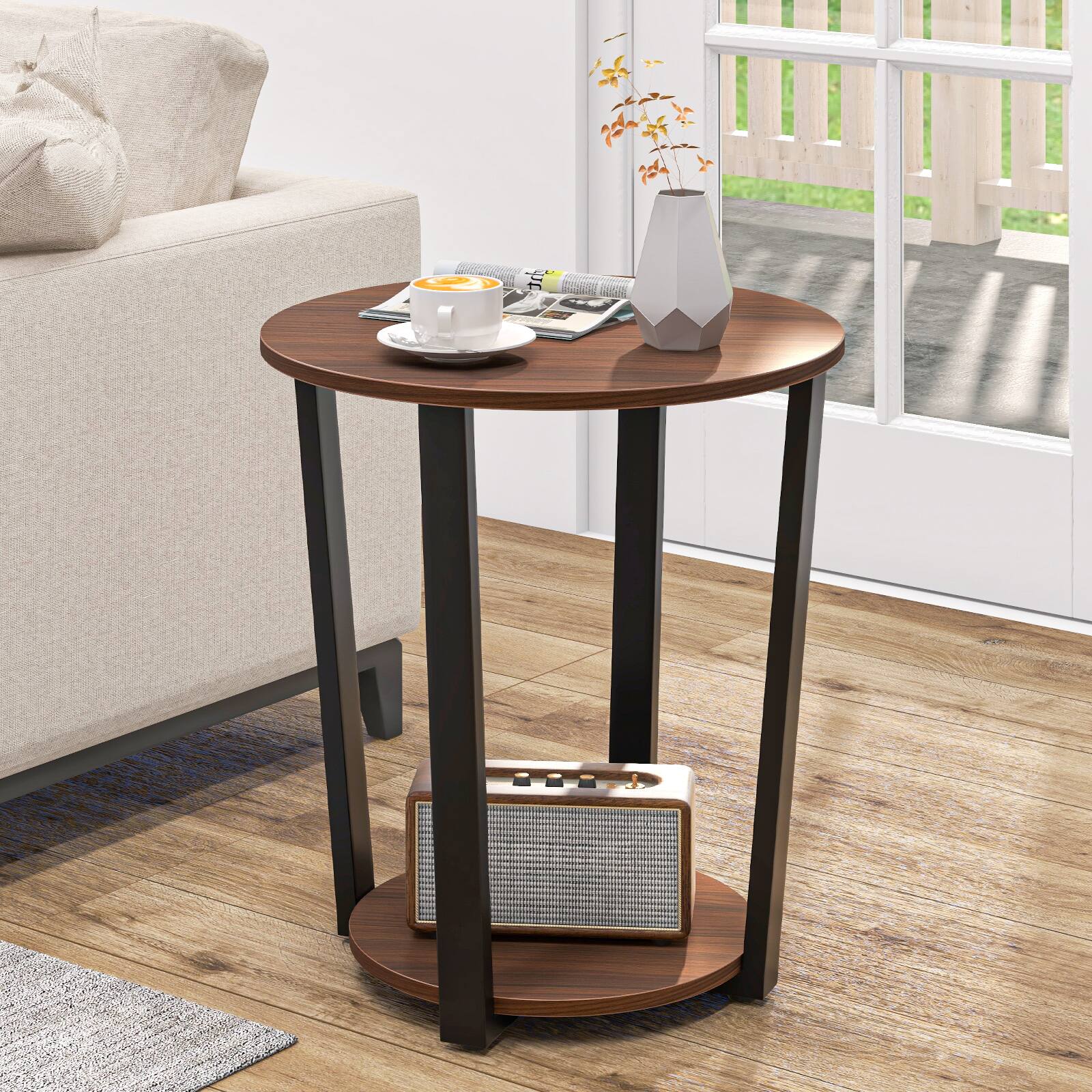 Alt View 1. Costway - Costway 2-Tier Accent Side Table w/ Metal Frame Industrial Nightstand Bedside Table - Walnut.