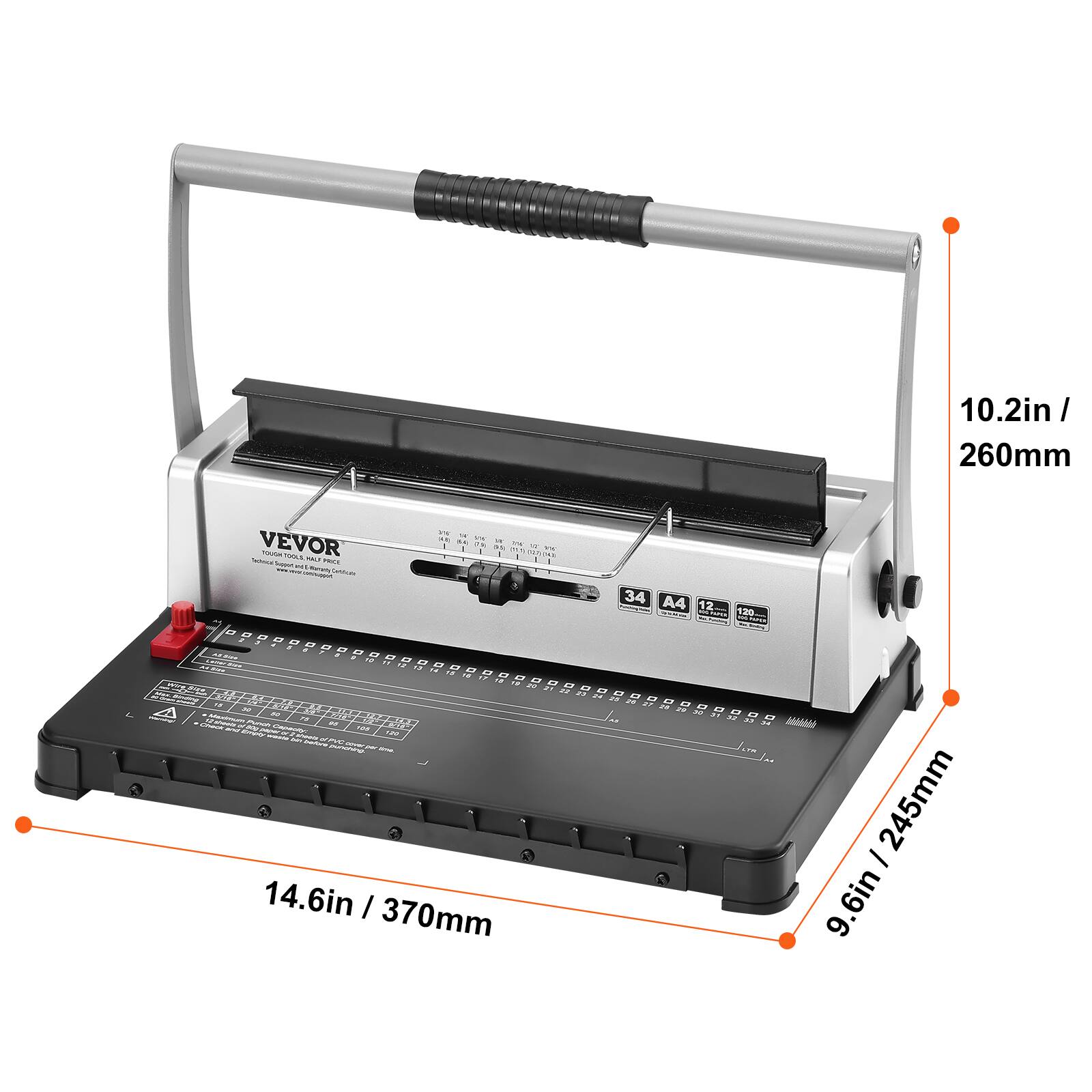 10.2in / 260mm  
14.6in / 370mm  
9.6in / 245mm  

VEVOR  
34 A4 12 S 120 A  

A4  
A3  
A2  
A1  
A0