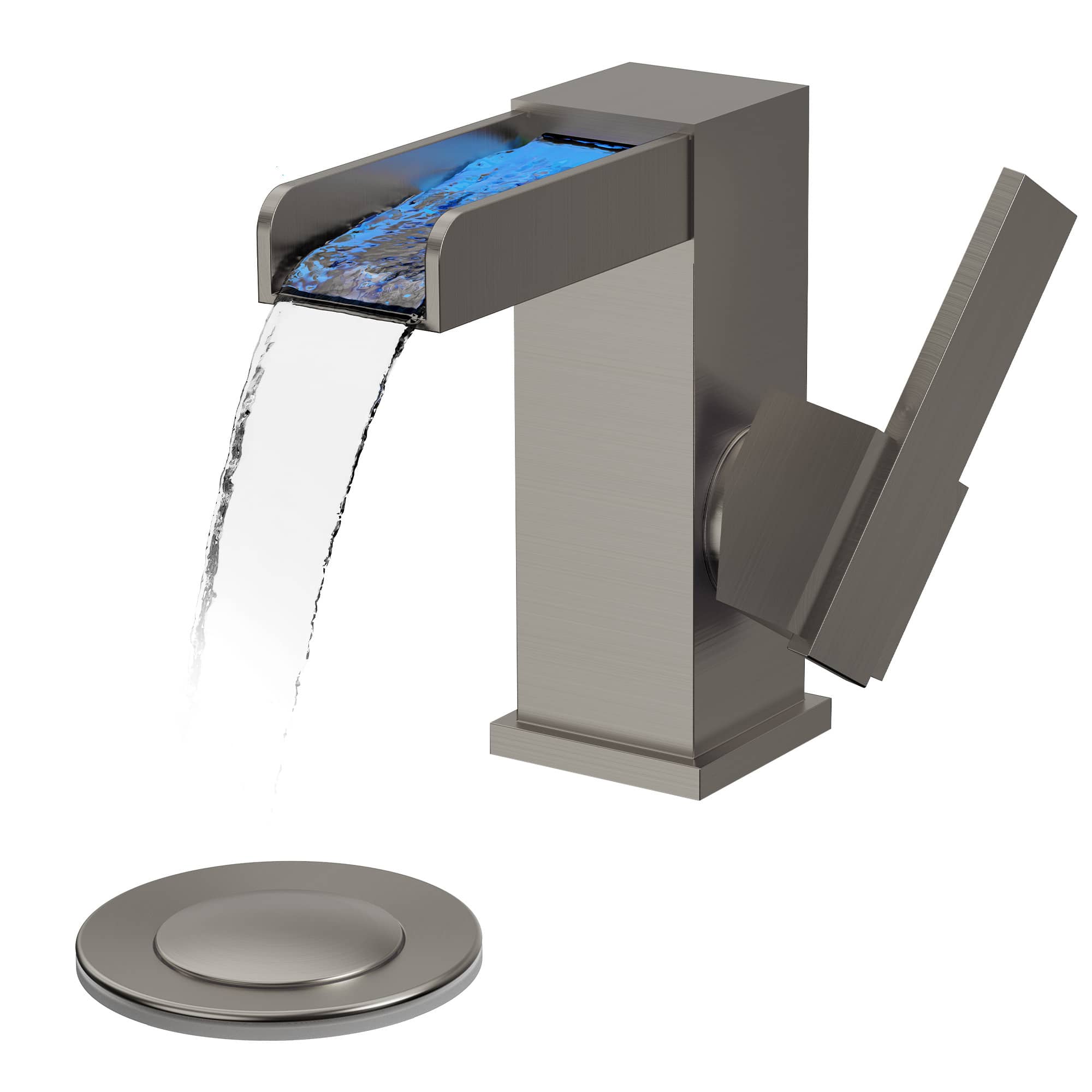 Single Handle LED Waterfall Bathroom Faucet with Pop-Up Drain, Temperature Changing Light & Open Trough Spout