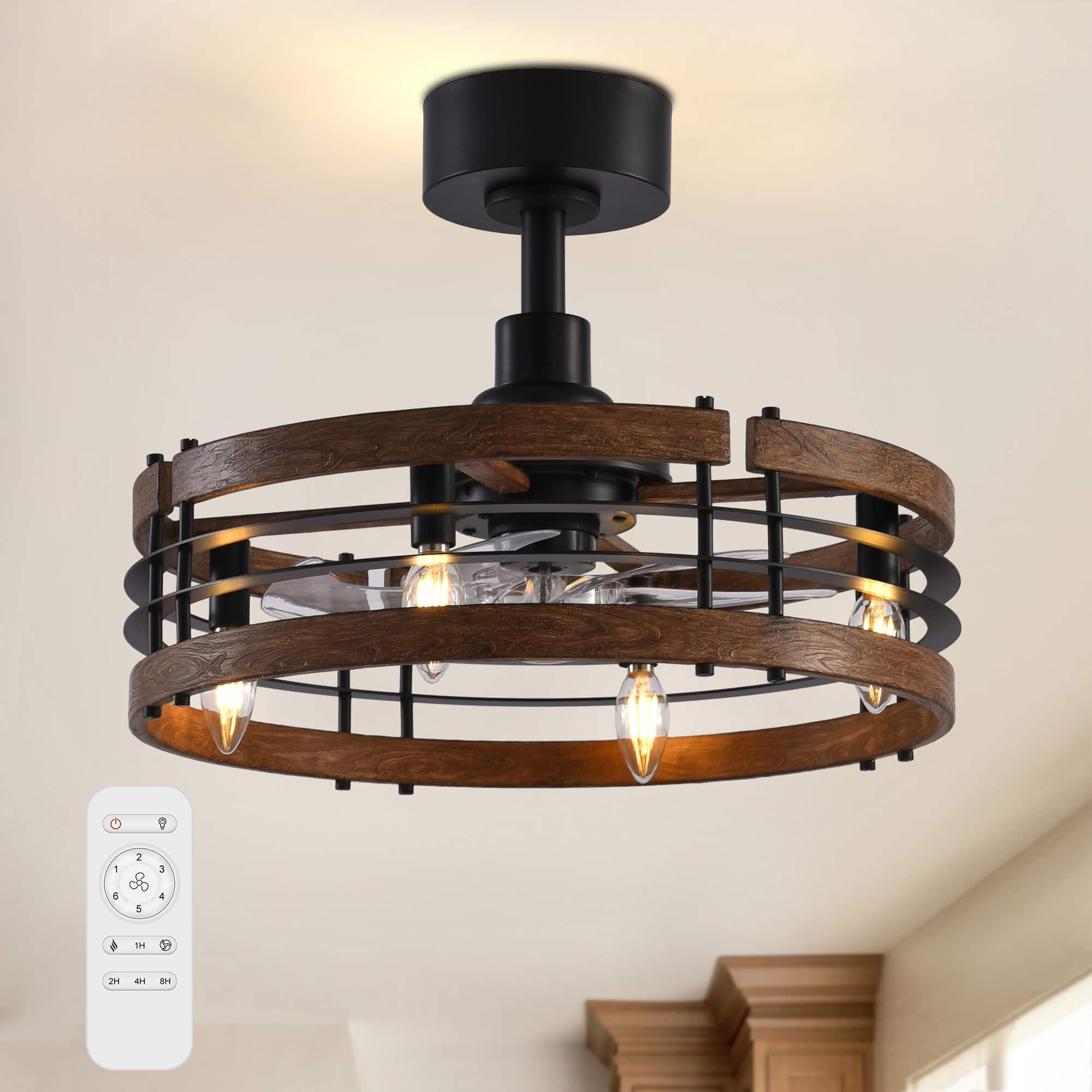 Breezary - 20-Inch Cage Ceiling Fan with E12 Lights, 5-Blade DC Motor, 6-Speed Remote, Downrod Mount, Timer - 20-inch black