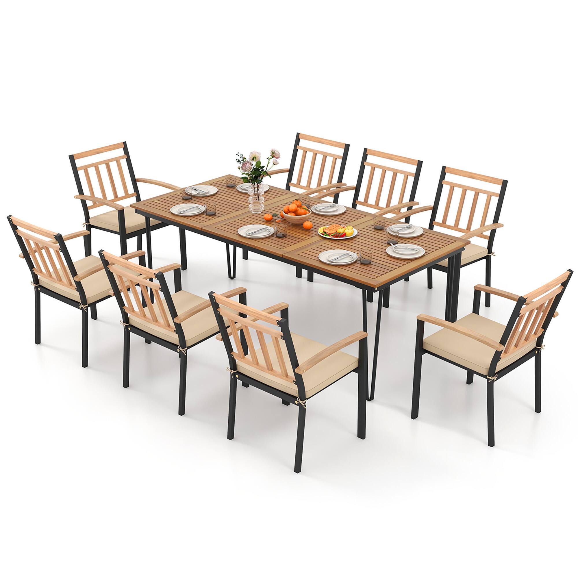 Alt View 7. Gymax - Gymax 9 PCS Patio Dining Set w/ Rectangular Acacia Wood Dining Table 8 Cushioned Chairs - Natural, Black.