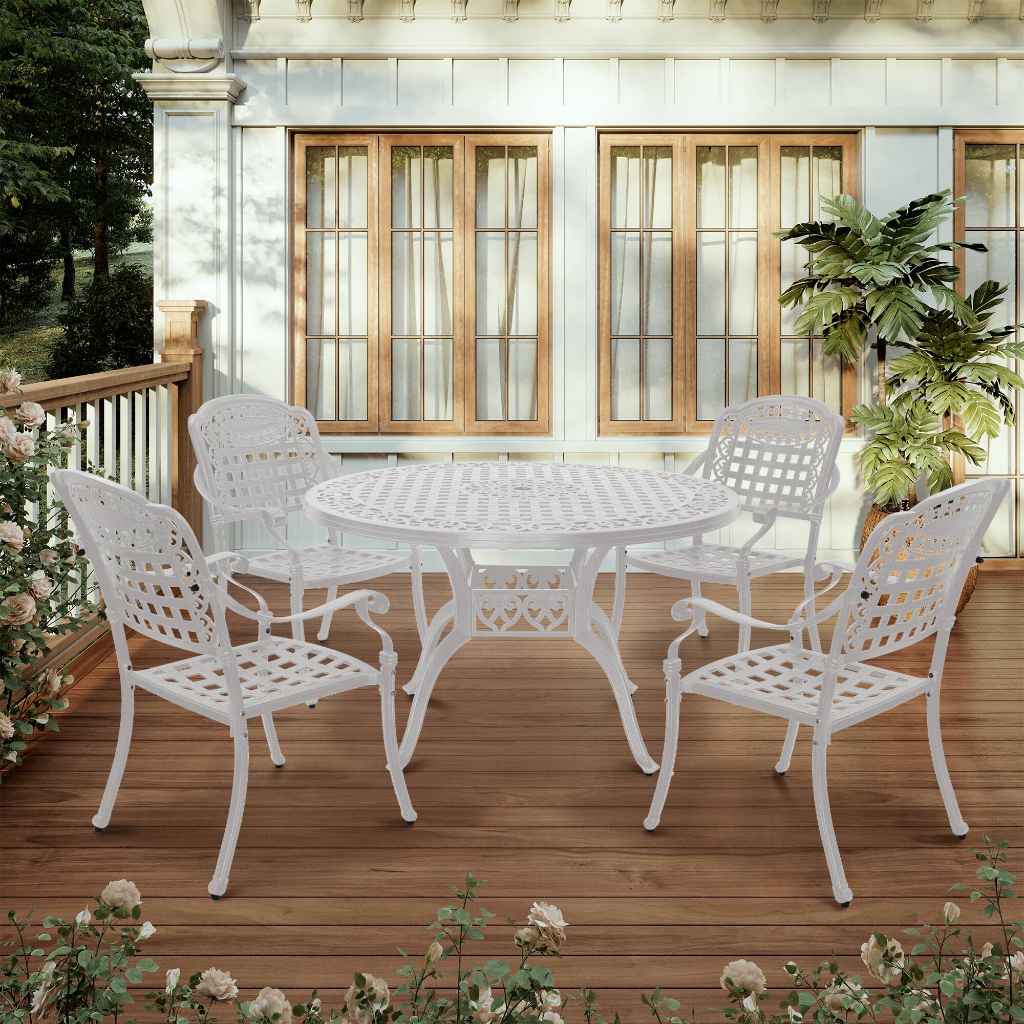 Left. Mondawe - 5-Piece Cast Aluminum Dining Set with Round Table and 4 Chairs - White.
