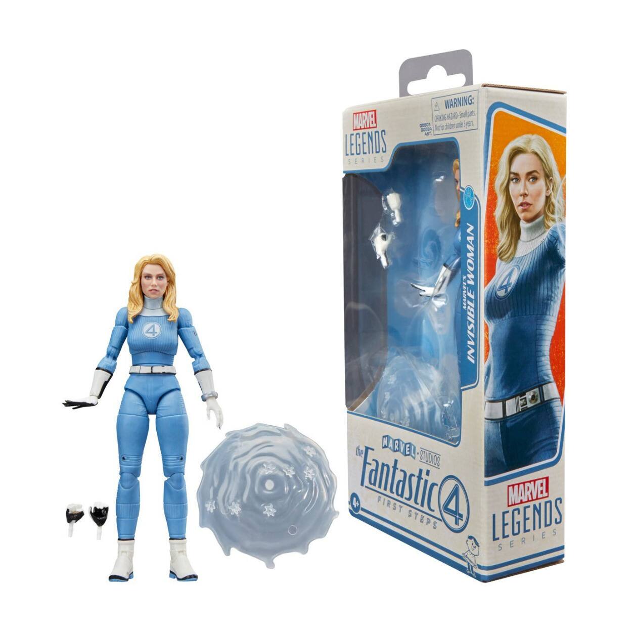 MARVEL LEGENDS SERIES  
WARNING: CHOKING HAZARD - Small parts. Not for children under 3 years.  
INVISIBLE WOMAN  
the Fantastic 4  
FIRST STEPS  
MARVEL STUDIOS  
MARVEL LEGENDS SERIES