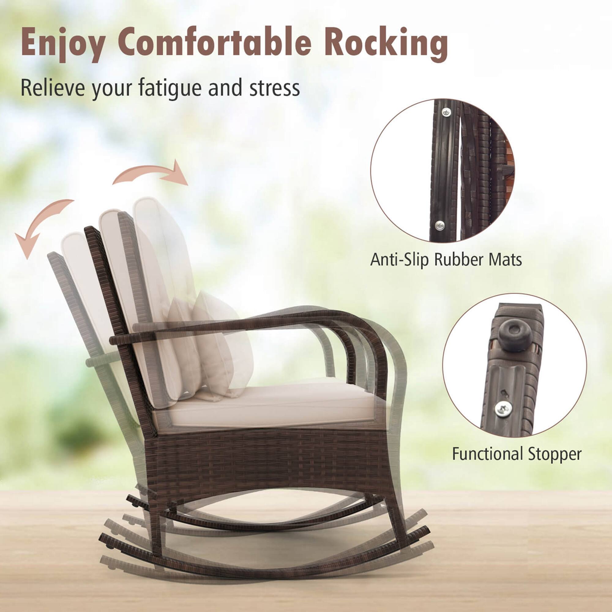 Enjoy Comfortable Rocking  
Relieve your fatigue and stress  

Anti-Slip Rubber Mats  
Functional Stopper